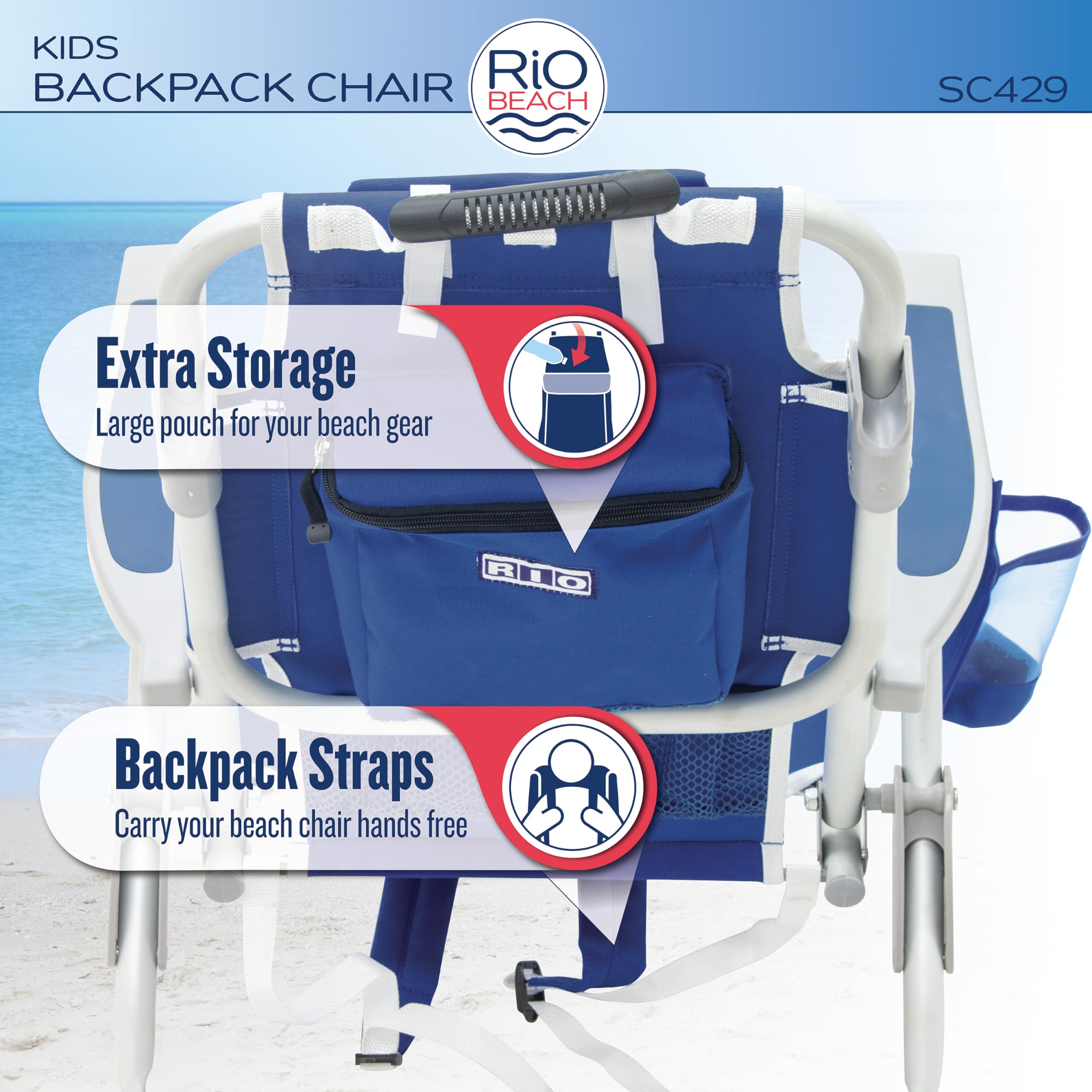 Rio Beach Kid's 5-Position Lay Flat Backpack Folding Beach Chair - Lightweight Portable Surf Chair for Kids, Perfect for Beach, Pool, Park & Outdoor Adventures