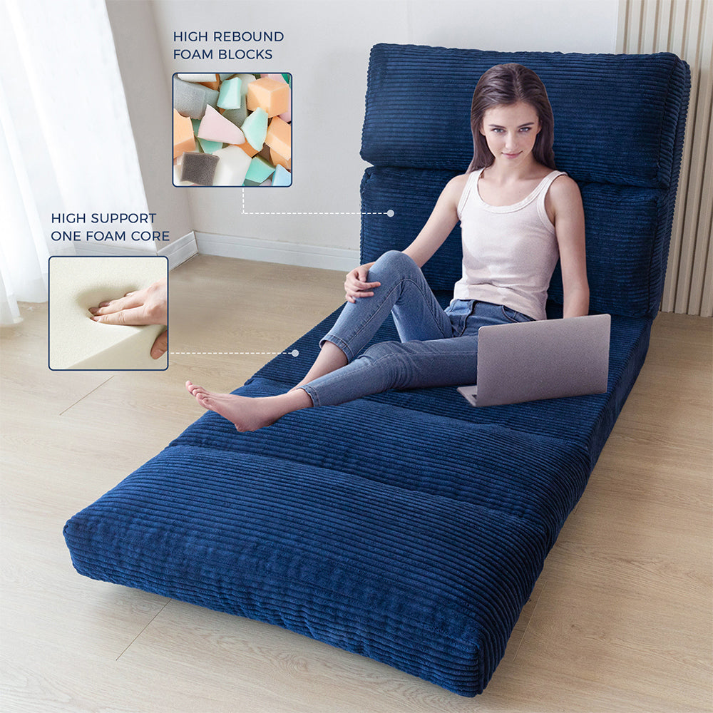 MAXYOYO Folding Sofa Bed - Extra Wide Corduroy Floor Mattress in Navy Blue | Convertible Sleeper for Small Spaces, Guest Room & Dorm | Comfortable Lounge Sofa for Living Room, Bedroom & Apartment