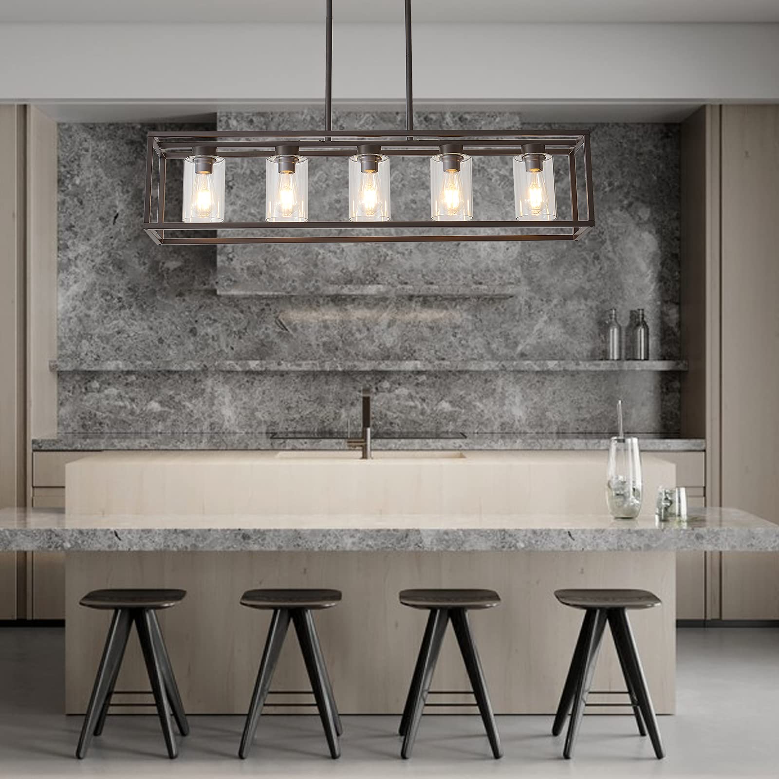 XILICON Oil Rubbed Bronze Farmhouse Chandelier - 5 Light Kitchen Island Pendant Lighting with Glass Shade - Rustic Dining Room Ceiling Fixture for Farmhouse, Kitchen, and Dining Room Decor