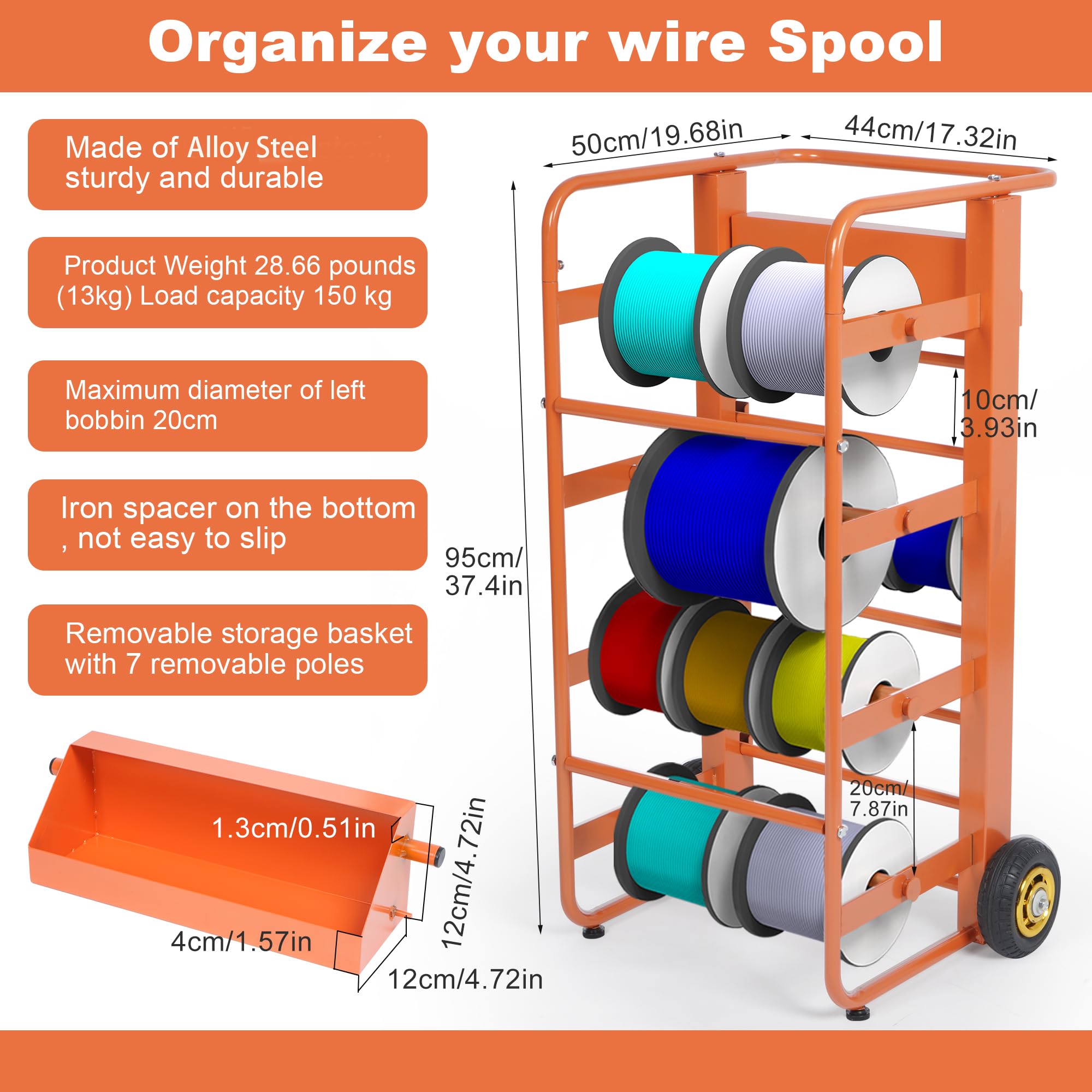 Heavy Duty Wire Spool Rack with Wheels - 11-Rod Multi-Axle Cable Caddy & Dispenser for Electrical Wires - Industrial Wire Reel Holder for Workshop, Construction Site, and Retail Storage