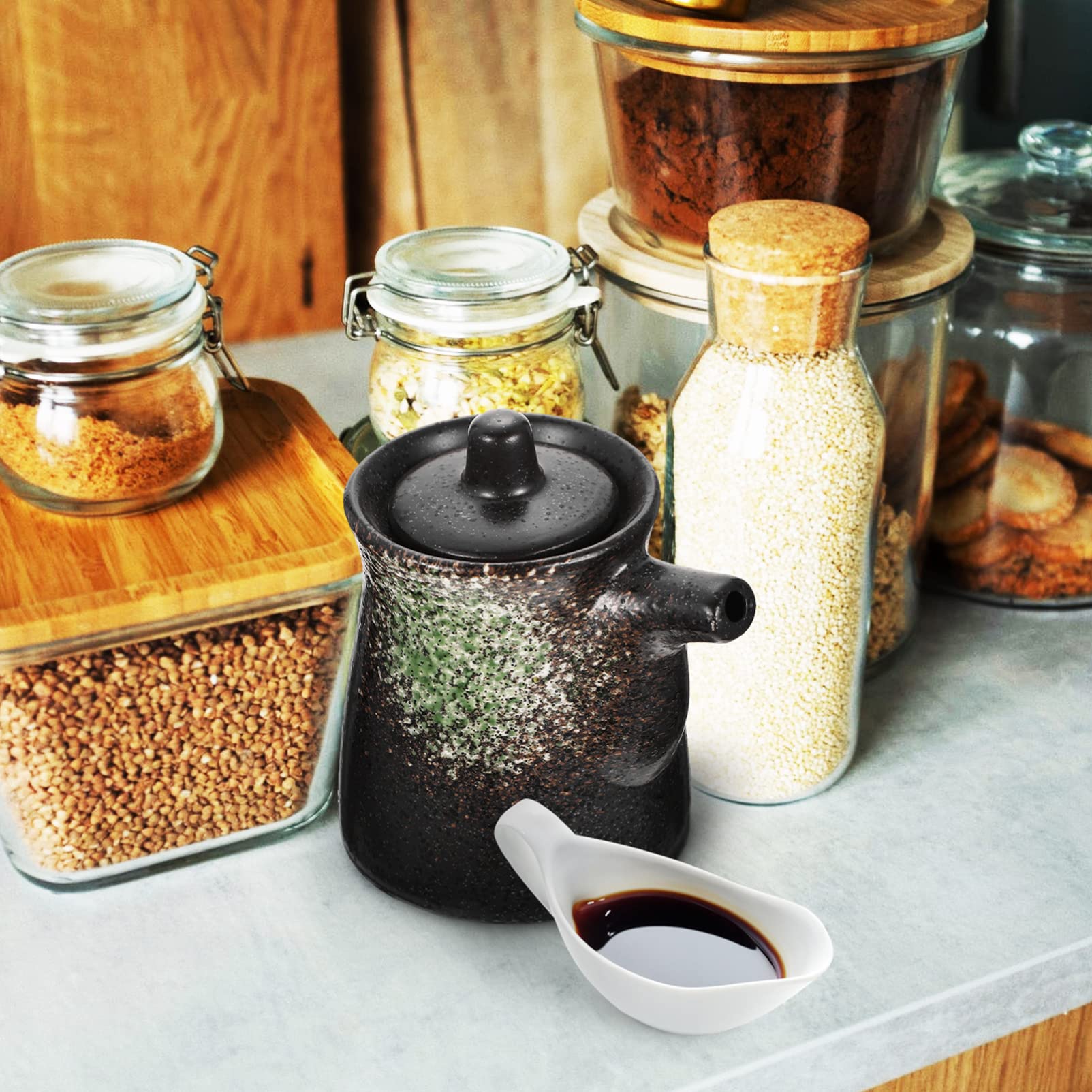 Premium Japanese Style Ceramic Soy Sauce Dispenser - Elegant Oil & Vinegar Dispenser with Lid - Perfect for Shoyu, Ponzu & Liquid Condiments - Ideal for Kitchen Countertop & Dining Table Display (Green)