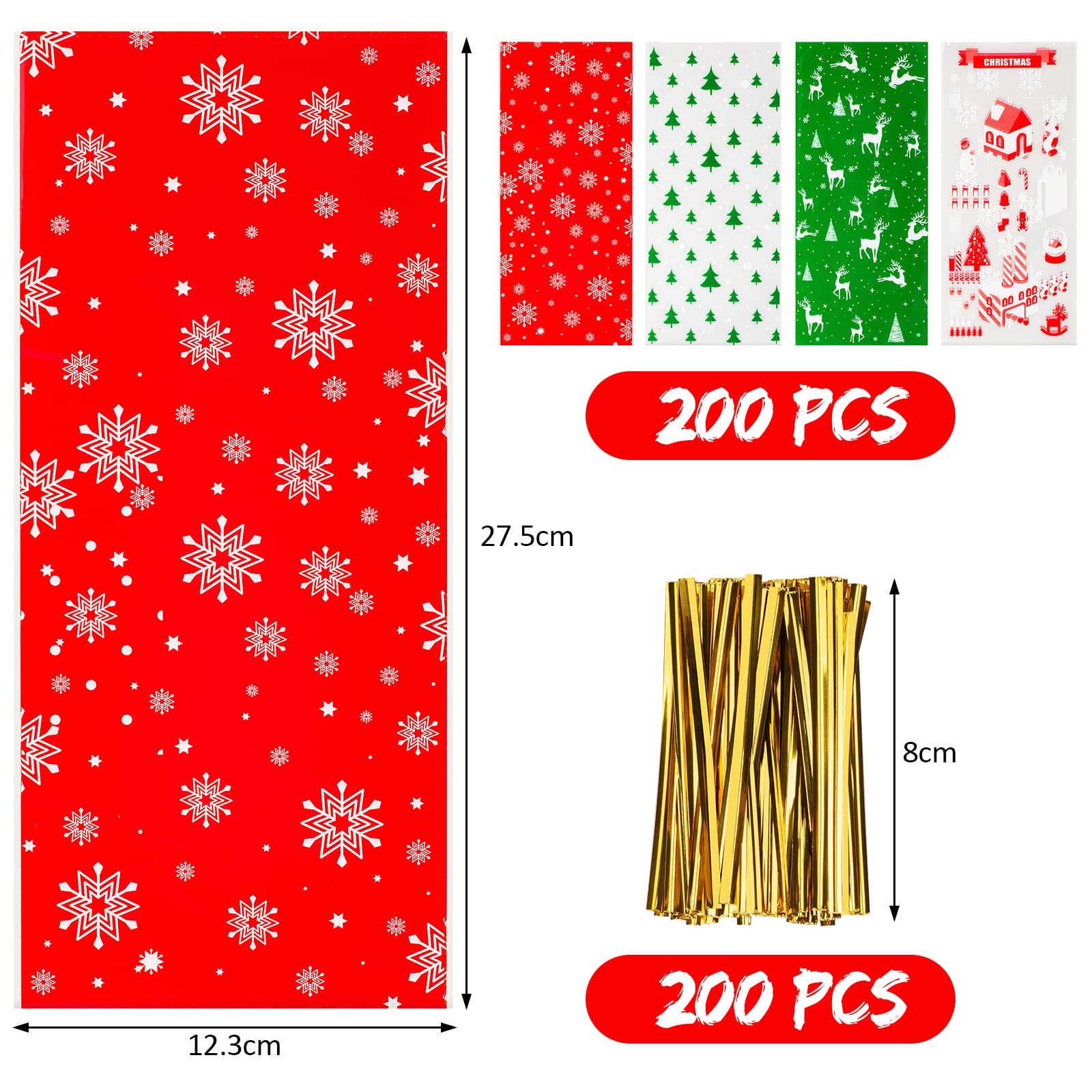 200 PCS Christmas Cellophane Goody Bags Assortment - Holiday Treat Bags, Party Favors, Candy Bags for Christmas Gifts & Party Supplies - Perfect for Christmas Parties, Gift Wrapping & Holiday Celebrations
