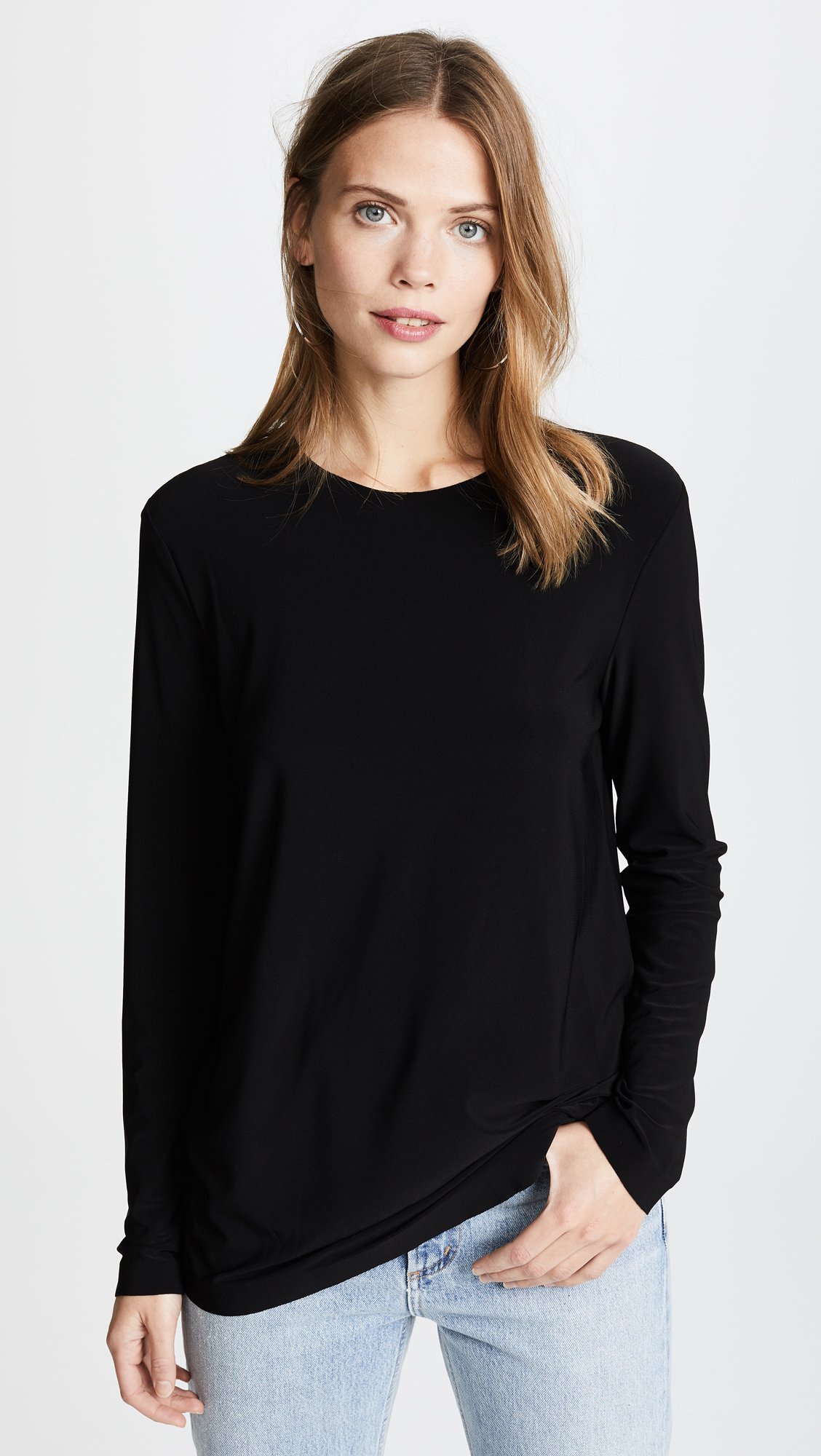 Norma Kamali Women's Long Sleeve Crew Neck T-Shirt - Soft Cotton Casual Top for Everyday Wear | Perfect for Work, Lounge & Layering
