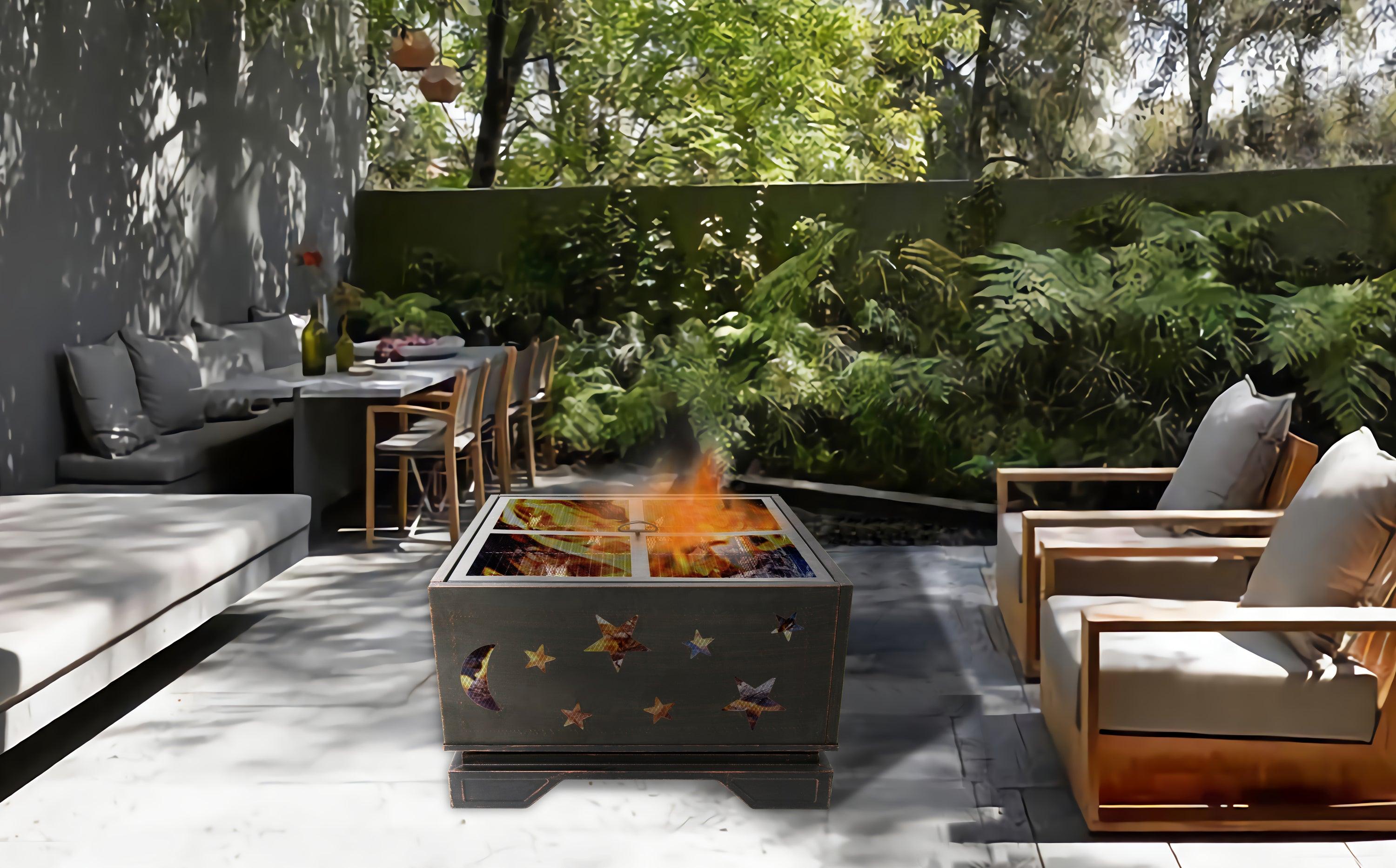 26 Inch Square Fire Pit with BBQ Grill - Outdoor Wood Burning Fire Pit with Poker Tool - Large Fireplace for Patio, Garden, Camping, Backyard & Picnic - Perfect for Bonfires, Roasting Marshmallows & Outdoor Gatherings