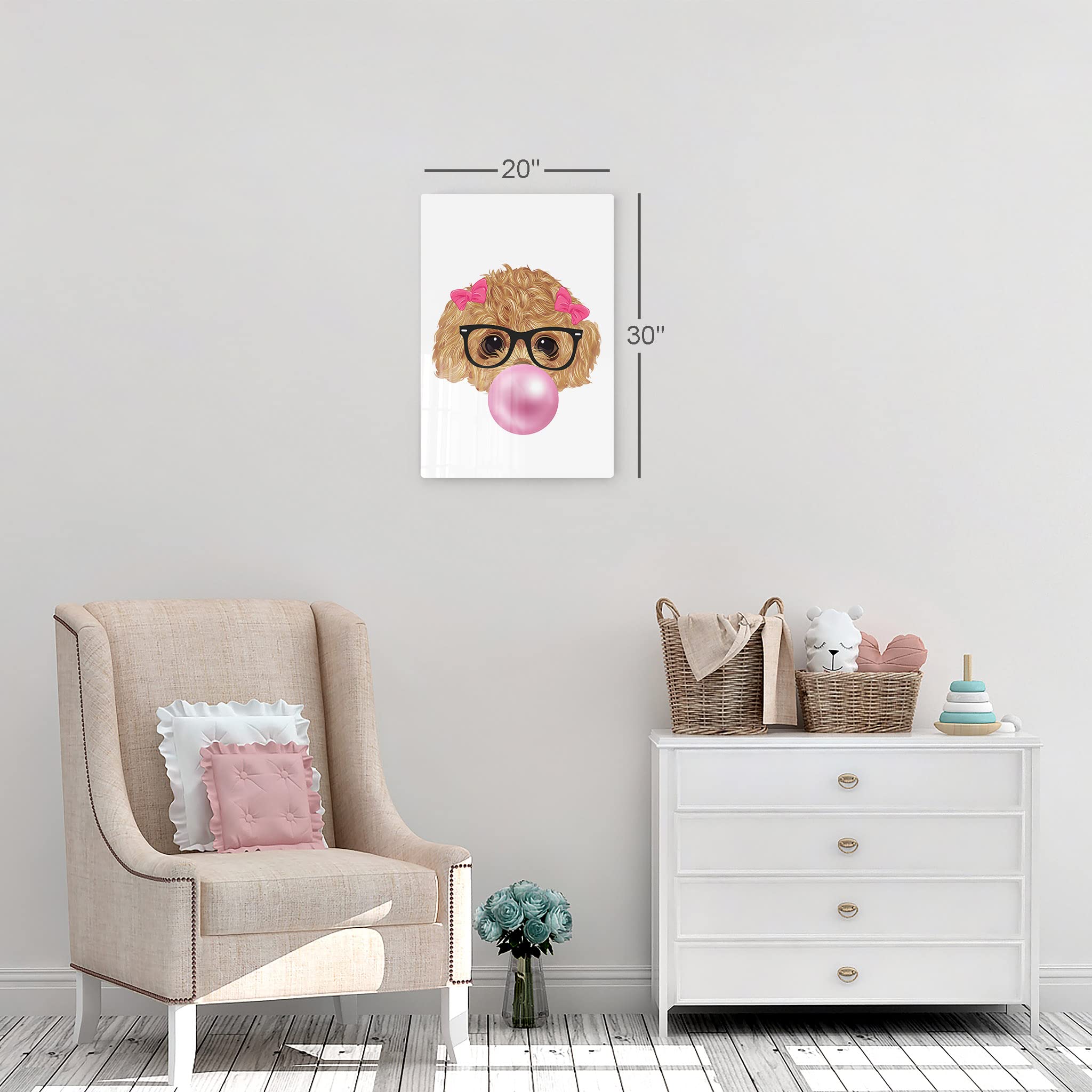 Toy Poodle Puppy Portrait with Glasses Chewing Bubble Gum - Metal Wall Art Print for Pet Lovers, Pop Art Decor for Living Room, Bedroom, Nursery - Perfect Dog Gift for Kids & Baby Rooms - 36x24 Inches
