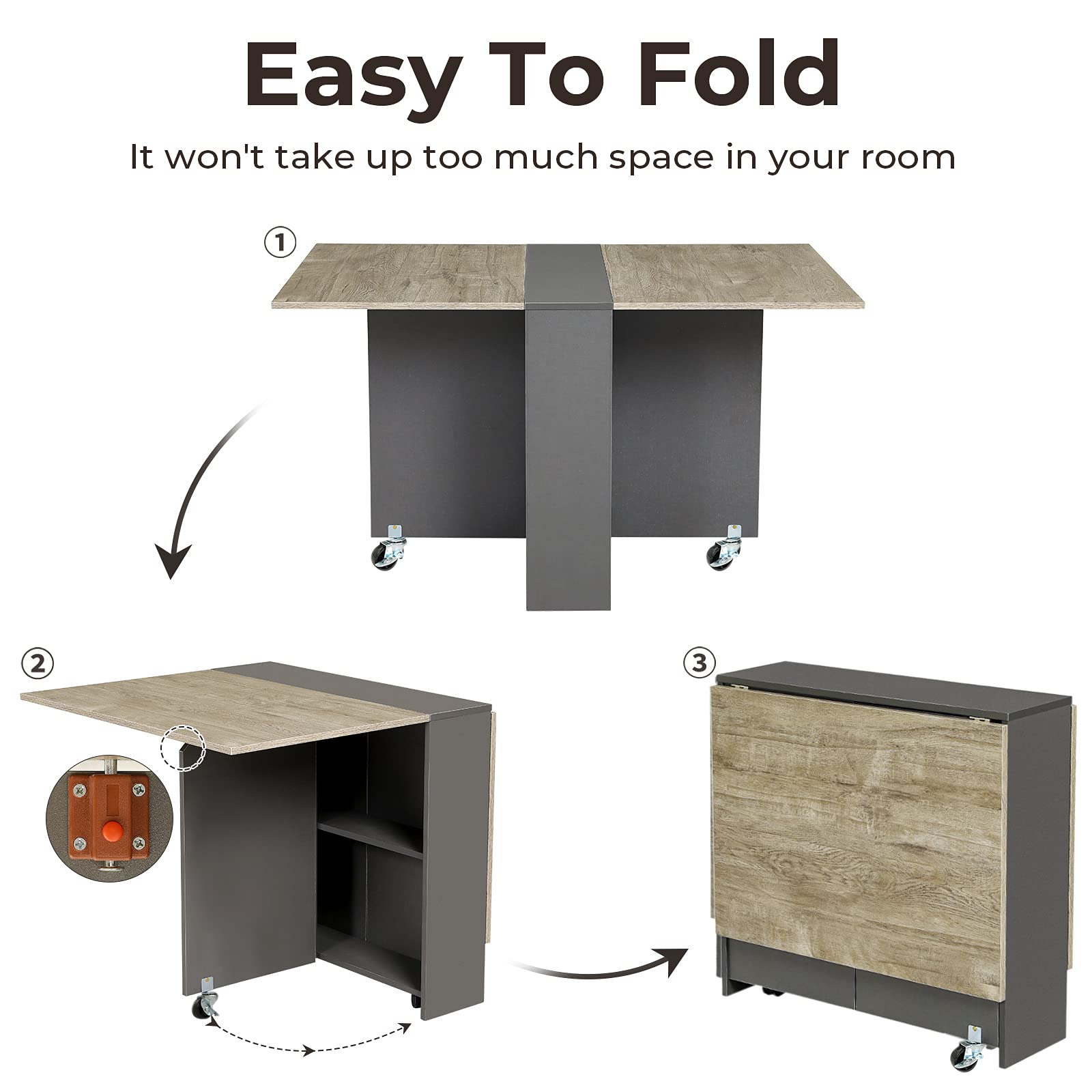 Optimized Tiptiper Folding Dining Table, Drop Leaf with 6 Wheels and 2-Layer Storage, Ideal for Small Spaces, Chestnut and Gray, Perfect for Apartments and Studios