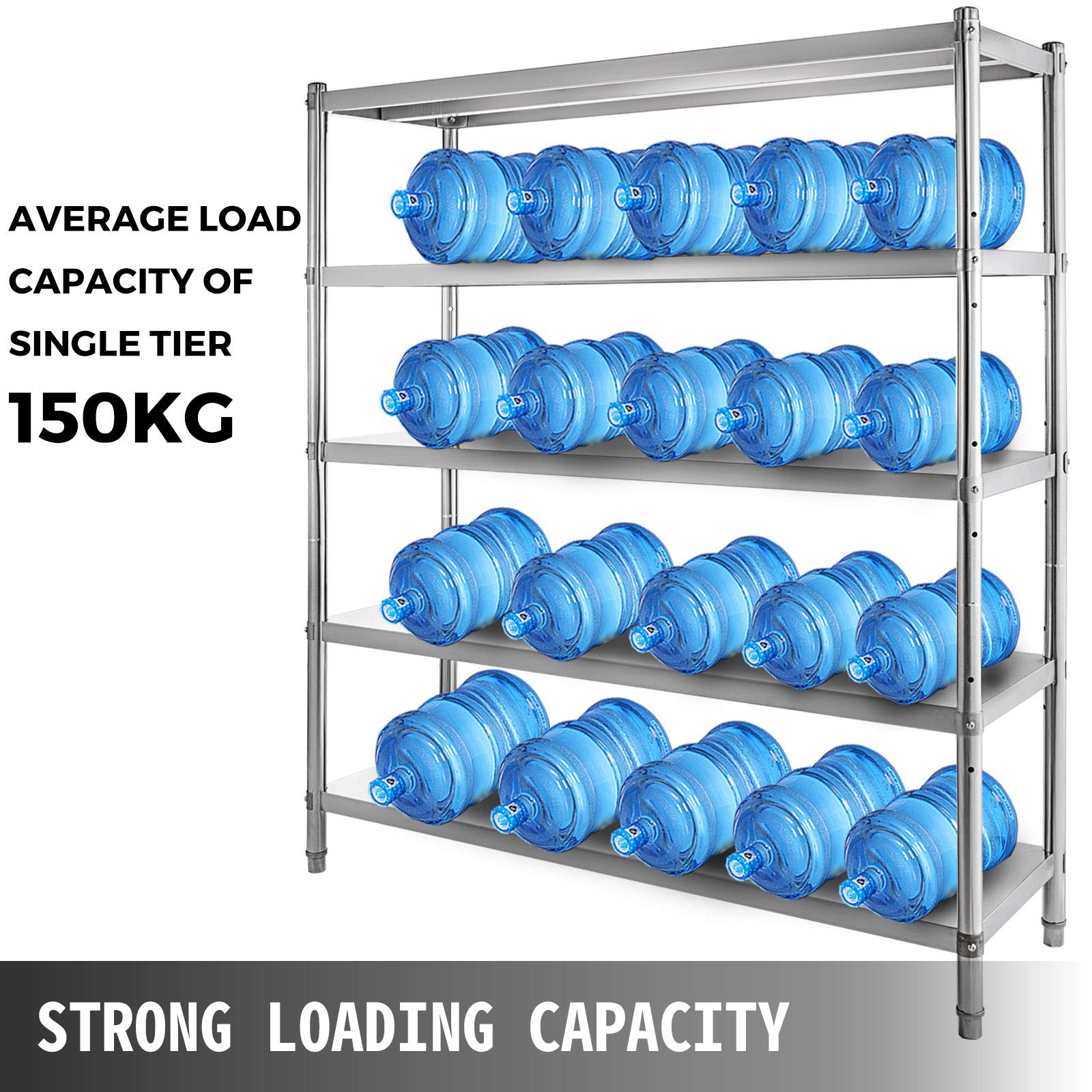 VEVOR 5-Tier Stainless Steel Shelving Unit 48x18.5 Inch, Heavy Duty Adjustable Storage Shelf for Kitchen, Commercial, Office, Garage - 330lb Capacity Per Shelf | Perfect for Pantry Organization, Warehouse Storage & Retail Display