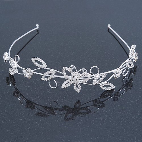 Elegant Rhodium Plated Crystal Butterfly & Floral Tiara Headband for Brides, Weddings & Prom | Perfect for Bridal Accessories, Formal Events & Special Occasions