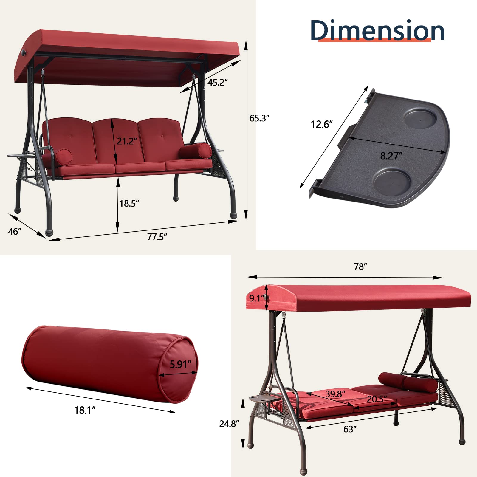 NOBLEMOOD 3-Seat Outdoor Patio Swing with Adjustable Canopy - Waterproof Cushion & Foldable Side Tray - Perfect for Backyard, Garden, Porch Relaxation - Ideal for Spring & Summer Outdoor Lounging