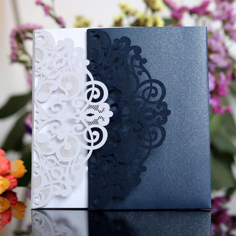 Elegant Lace Flower Hollow Out Wedding Invitation Cards with Blank Inner Sheets - 10 Sets Navy Blue for Wedding, Bridal Shower, Engagement, Birthday & Baby Shower - Perfect for DIY Invitations and Special Events