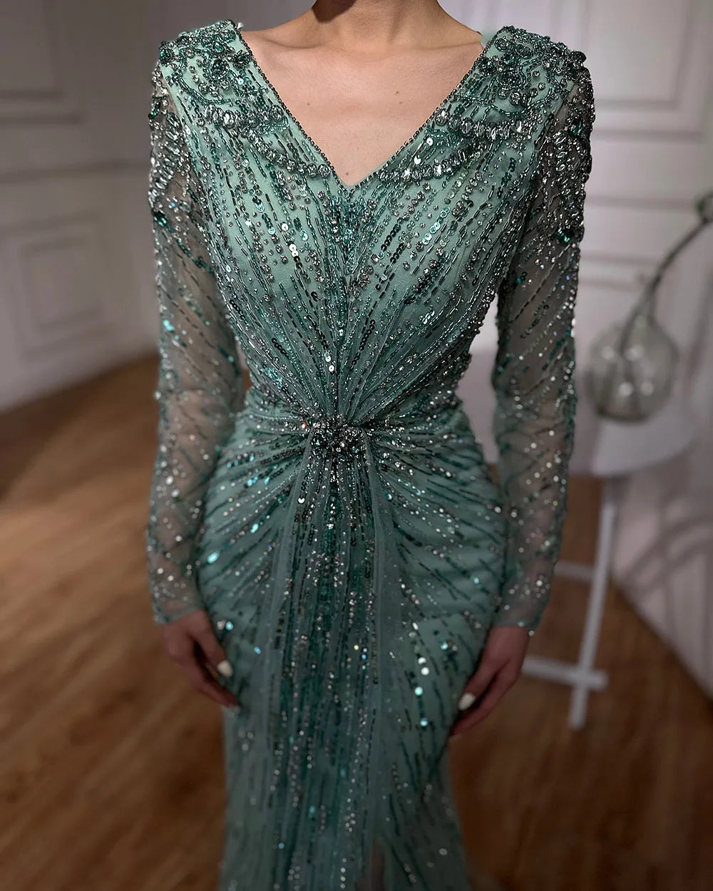 Luxury Designer Arabic Turquoise Mermaid Evening Gown with High Slit - LA72007 for Prom, Wedding, and Formal Events