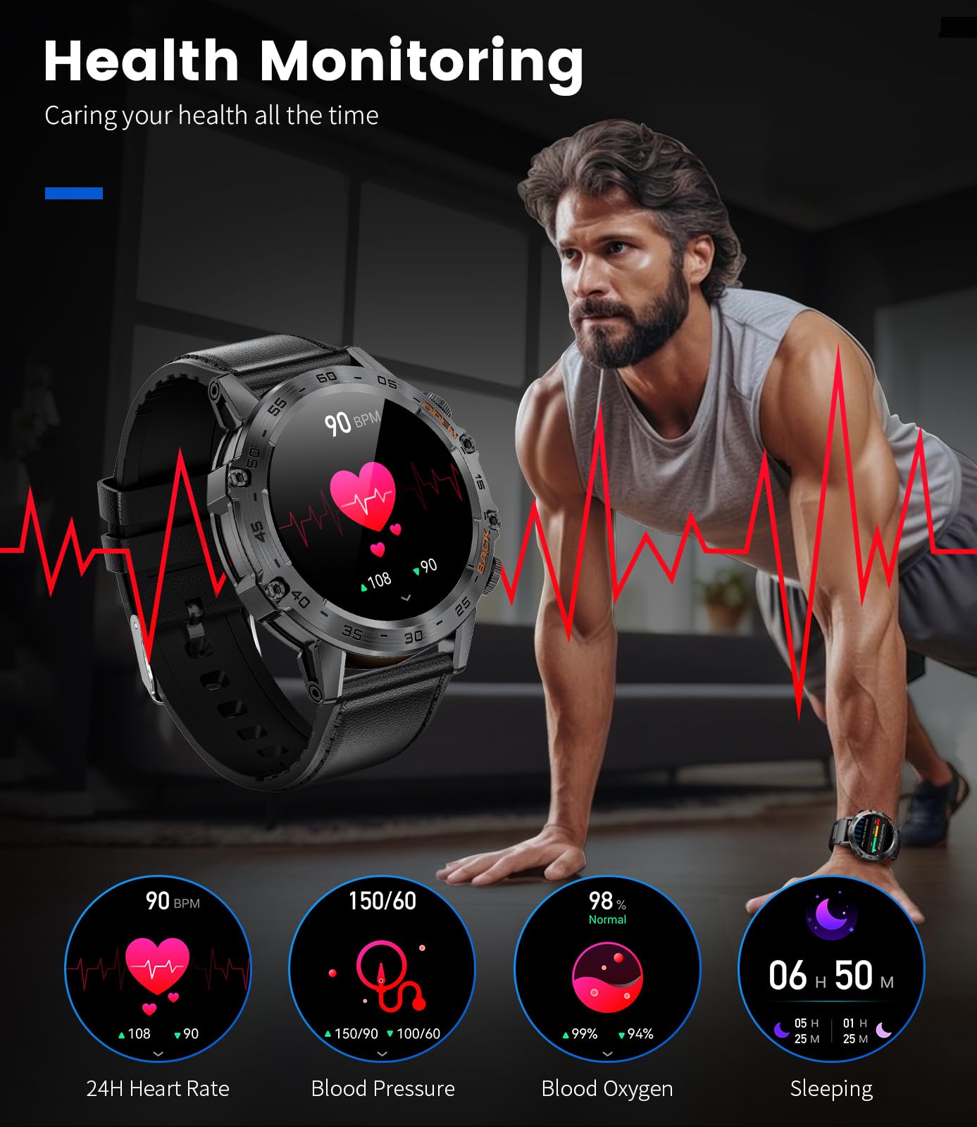1.39'' HD Military Smart Watch for Men - Bluetooth Call Notification, 100+ Sport Modes, IP68 Waterproof Fitness Tracker with 2 Silicone Straps | Perfect for Running, Swimming & Outdoor Activities