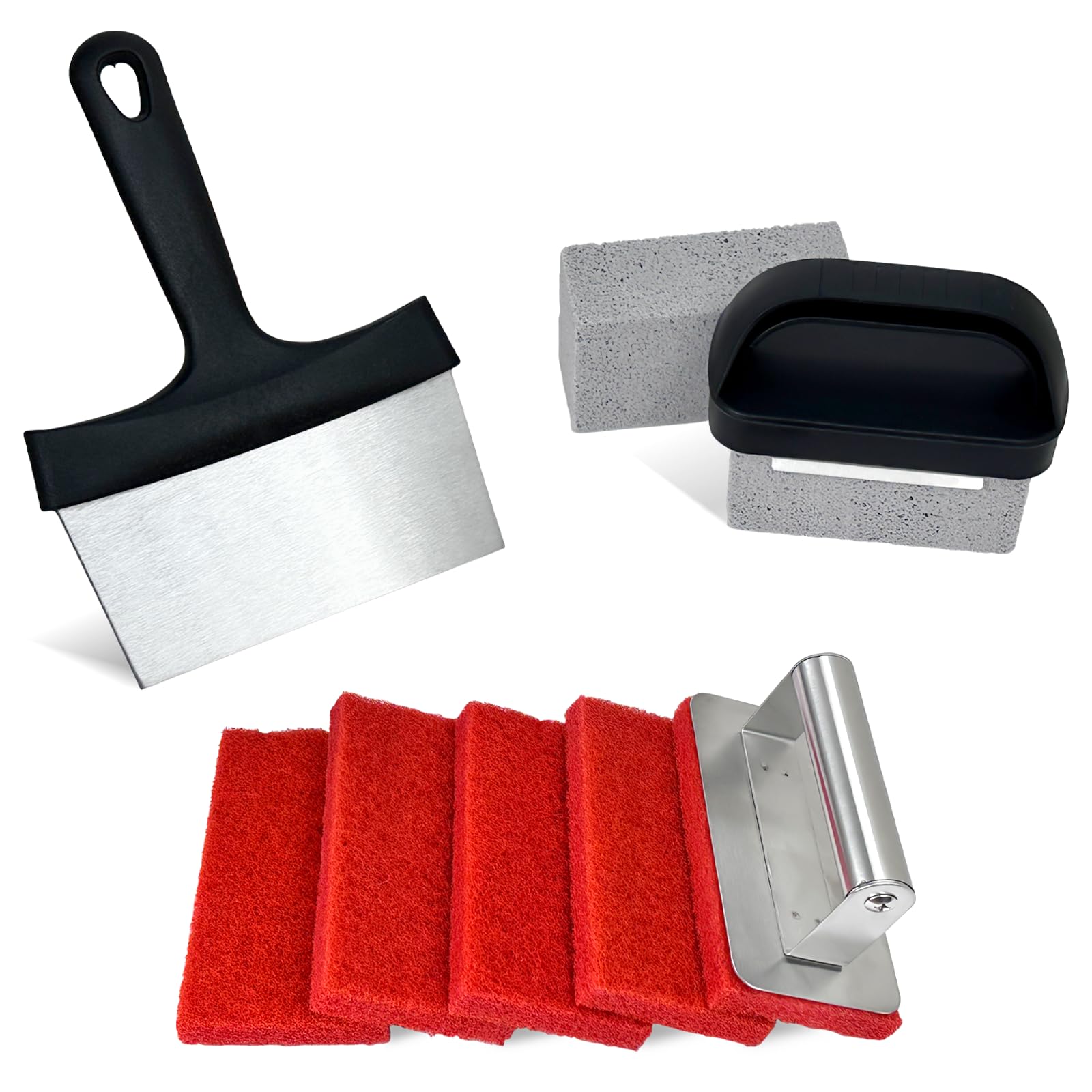 10-Piece Heavy Duty Griddle Cleaning Kit - Professional Flat Top Grill Cleaner Set with 2 Handles, Scraper, Grill Stones & Brushes for Blackstone & Outdoor Grills - Perfect for BBQ, Camping & Backyard Cooking