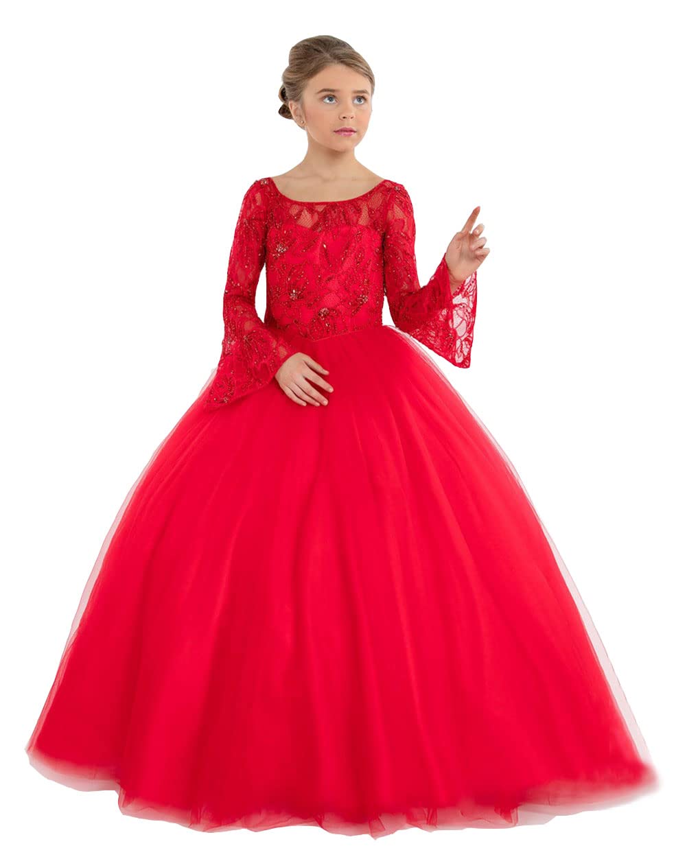 Girl's Tulle Flower Girl Dress with Lace Long Sleeves - Elegant Christmas & Birthday Party Dresses for Weddings, Pageants & Special Occasions