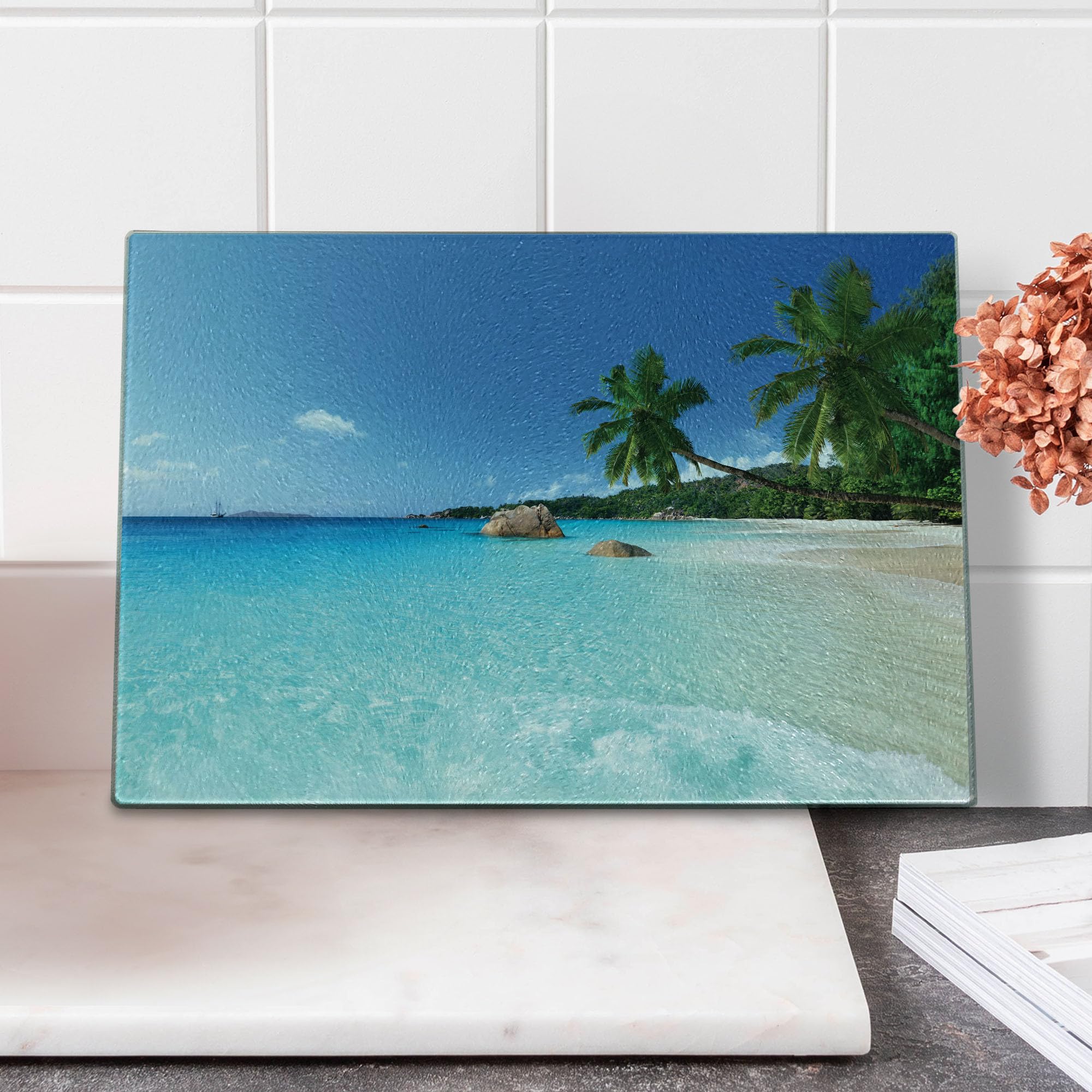 Ambesonne Ocean Themed Tempered Glass Cutting Board - Anse Lazio Beach Praslin Island Scenic Design - Small Turquoise Blue Green Serving Board for Kitchen, Charcuterie & Home Decor - Perfect for Entertaining, Gift Giving & Coastal Themed Kitchens