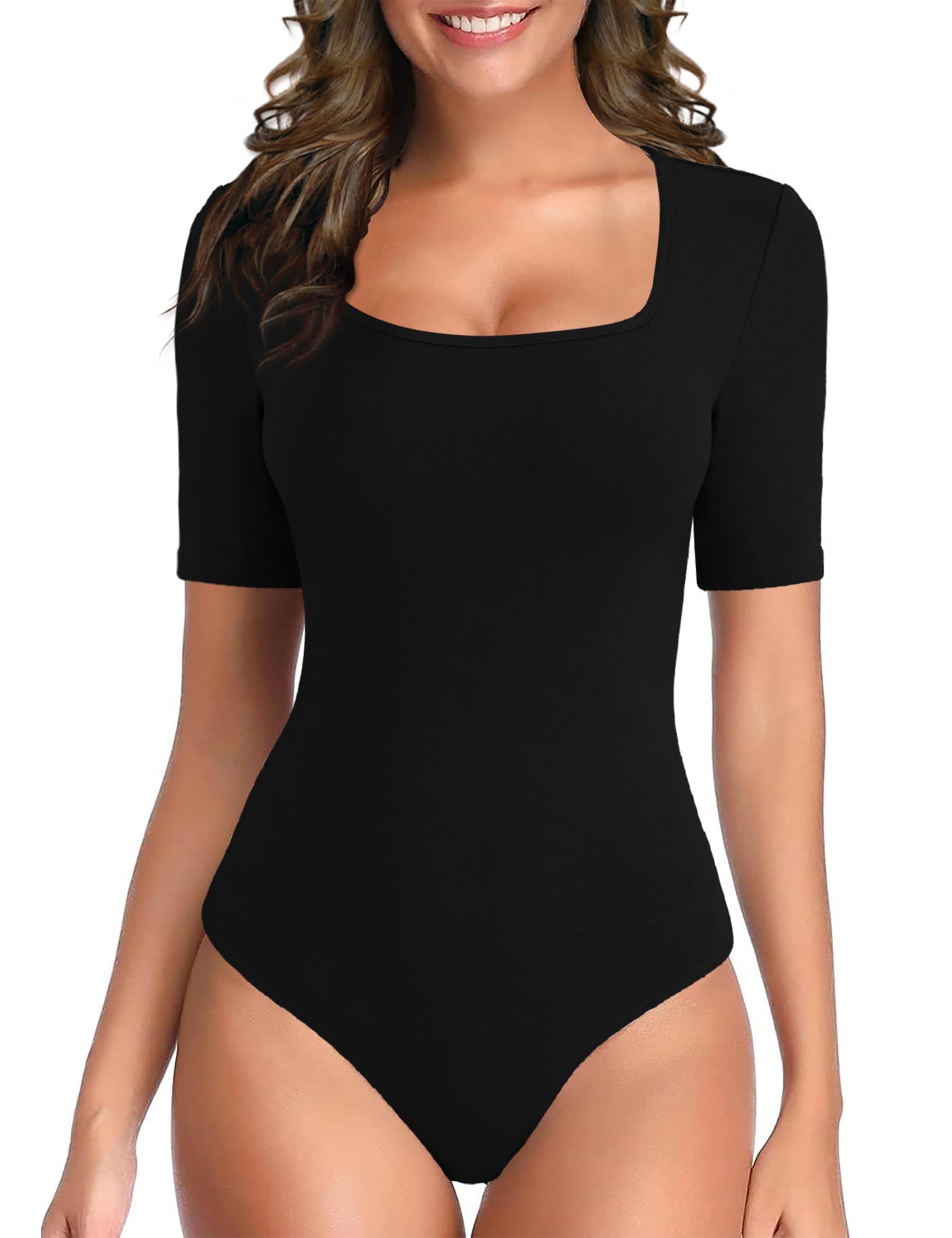TQD Women's Square Neck Bodysuit - Short Sleeve Stretchy T-Shirt Top for Everyday Wear | Perfect for Layering, Office & Casual Outfits