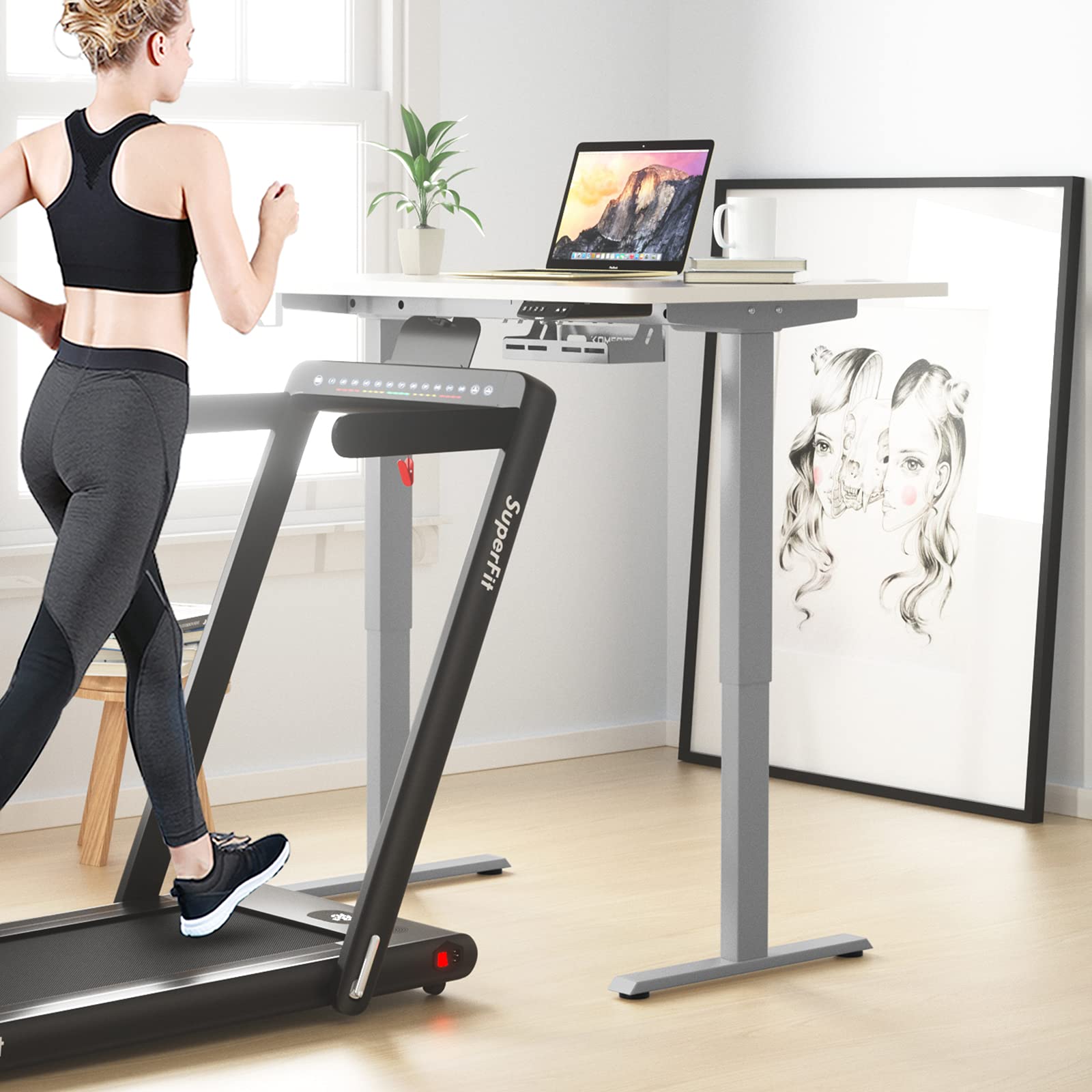 PowerStone 48x30 Inch Electric Height Adjustable Standing Desk - Home Office Sit to Stand Computer Workstation with Lift Mechanism, Grey & White - Perfect for Remote Work, Gaming & Ergonomic Workspaces
