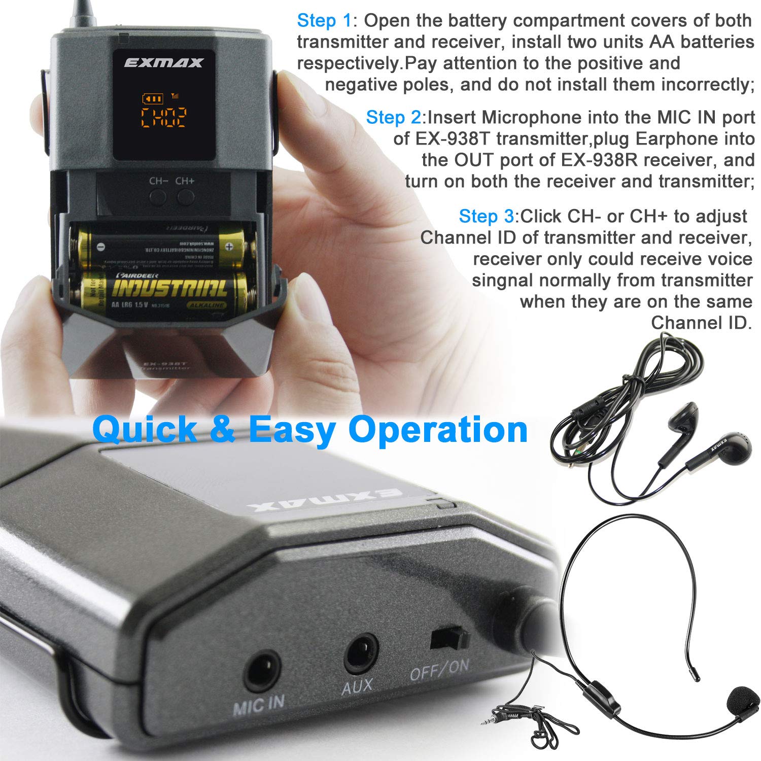EXMAX UHF-938 Wireless Headset Microphone System - UHF Acoustic Transmission for Church Worship, Tour Guide, Translation Teaching & Travel (1 Transmitter + 2 Receivers) | Perfect for Simultaneous Interpretation, Public Speaking & Outdoor Events