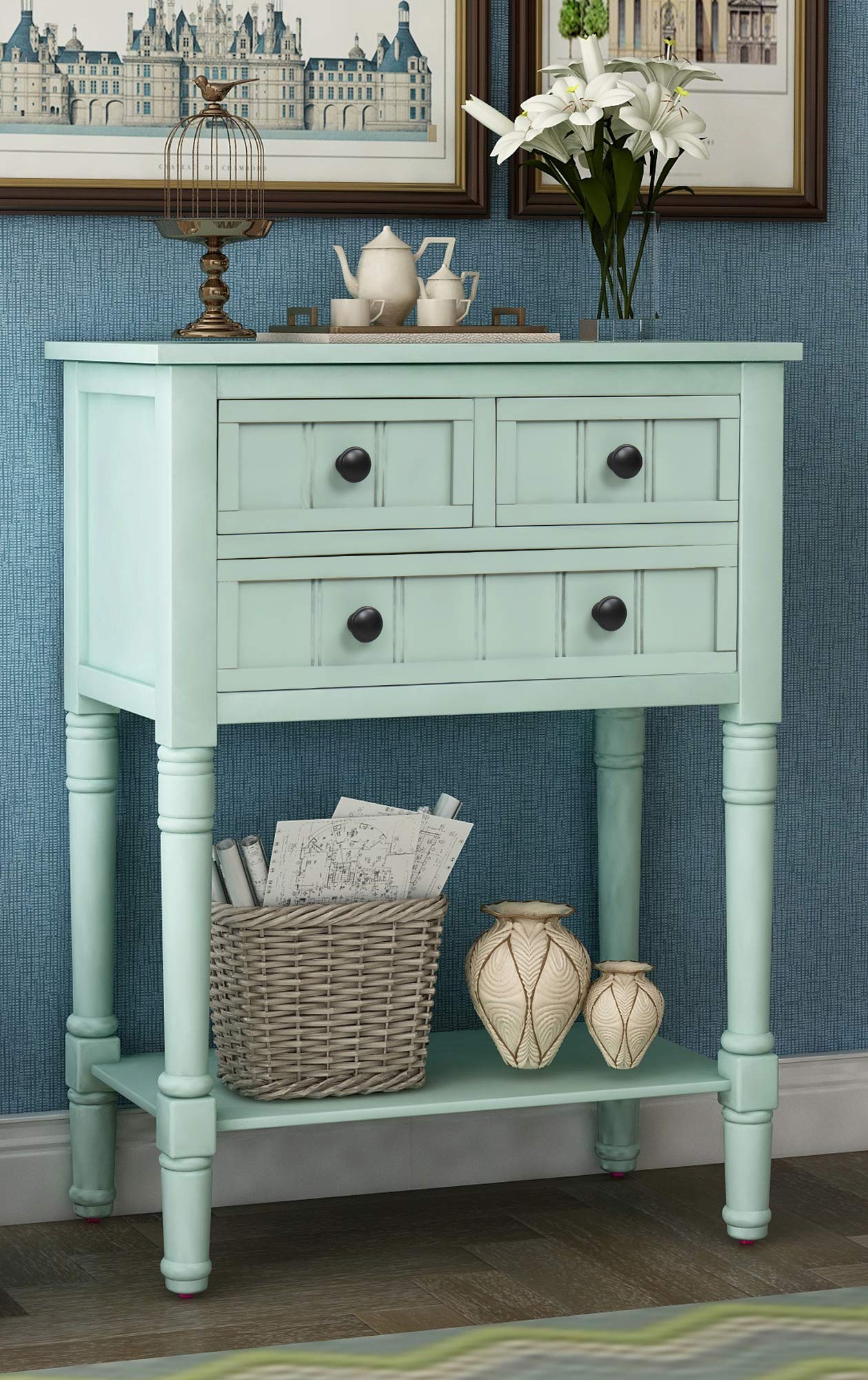 Farmhouse Narrow Console Table with Storage Drawers - Slim Sofa Table for Living Room & Entryway - Easy Assembly (Retro Blue) - Perfect for Small Spaces & Hallways