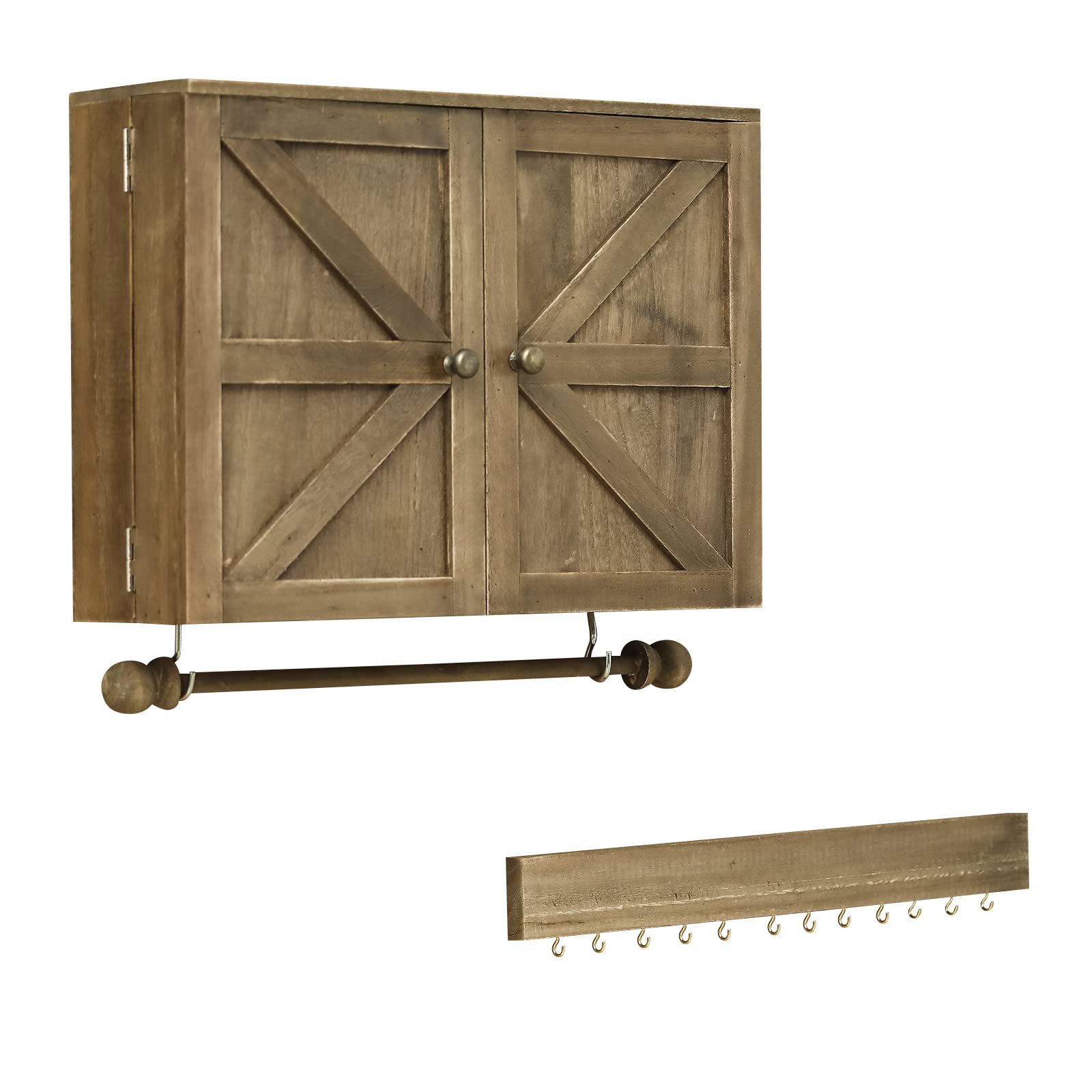 Ochine Rustic Wooden Wall Mounted Jewelry Organizer - Hanging Jewelry Cabinet with Storage Hooks for Necklaces, Earrings, Bracelets & Rings - Perfect for Bedroom, Bathroom & Closet Organization