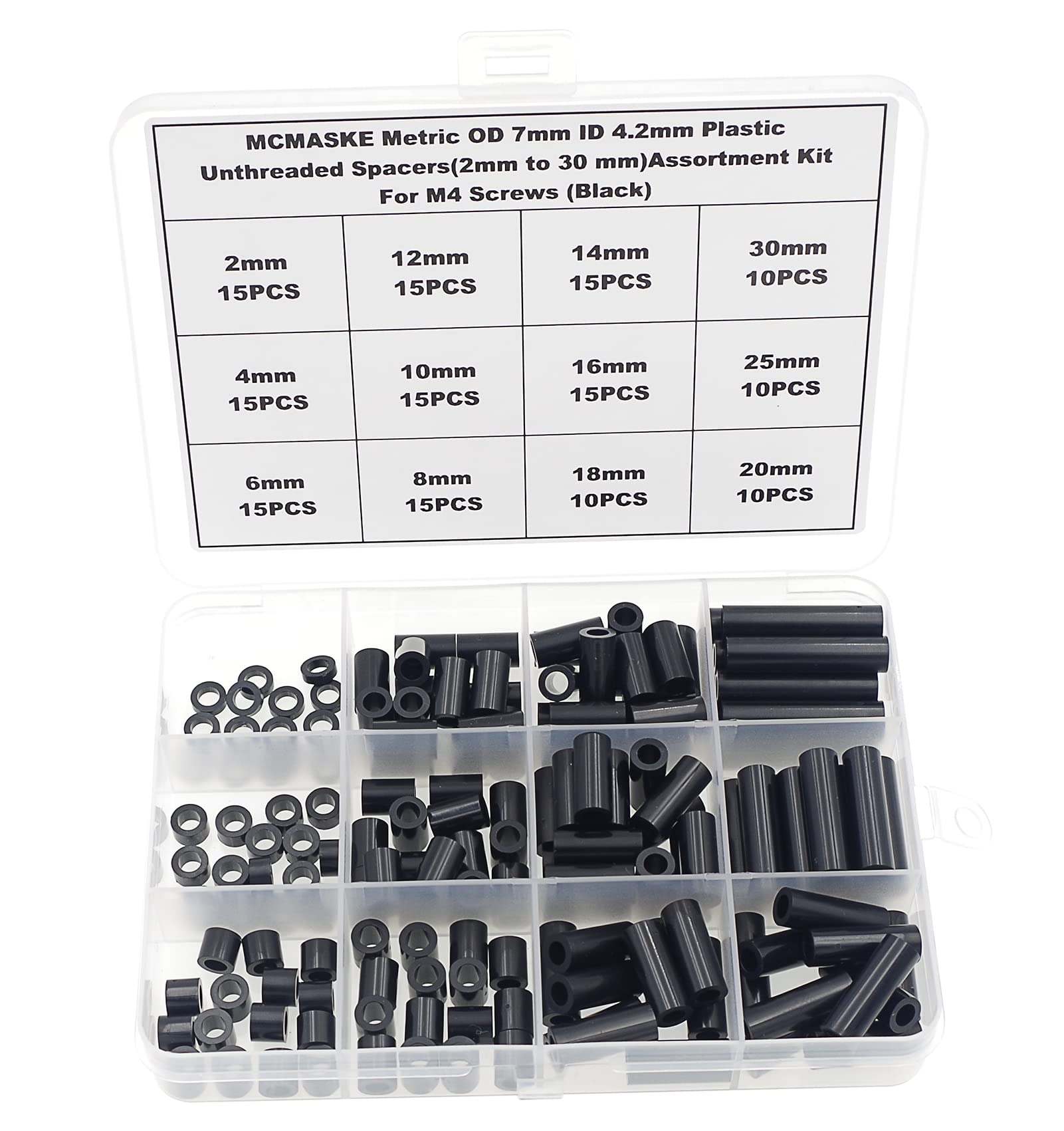 Metric OD 7mm ID 4.2mm Plastic Unthreaded Spacers (2mm-30mm) Assortment Kit for M4 Screws - Black Round Spacers & Clearance Spacers for DIY Projects, Electronics, and Machinery Assembly