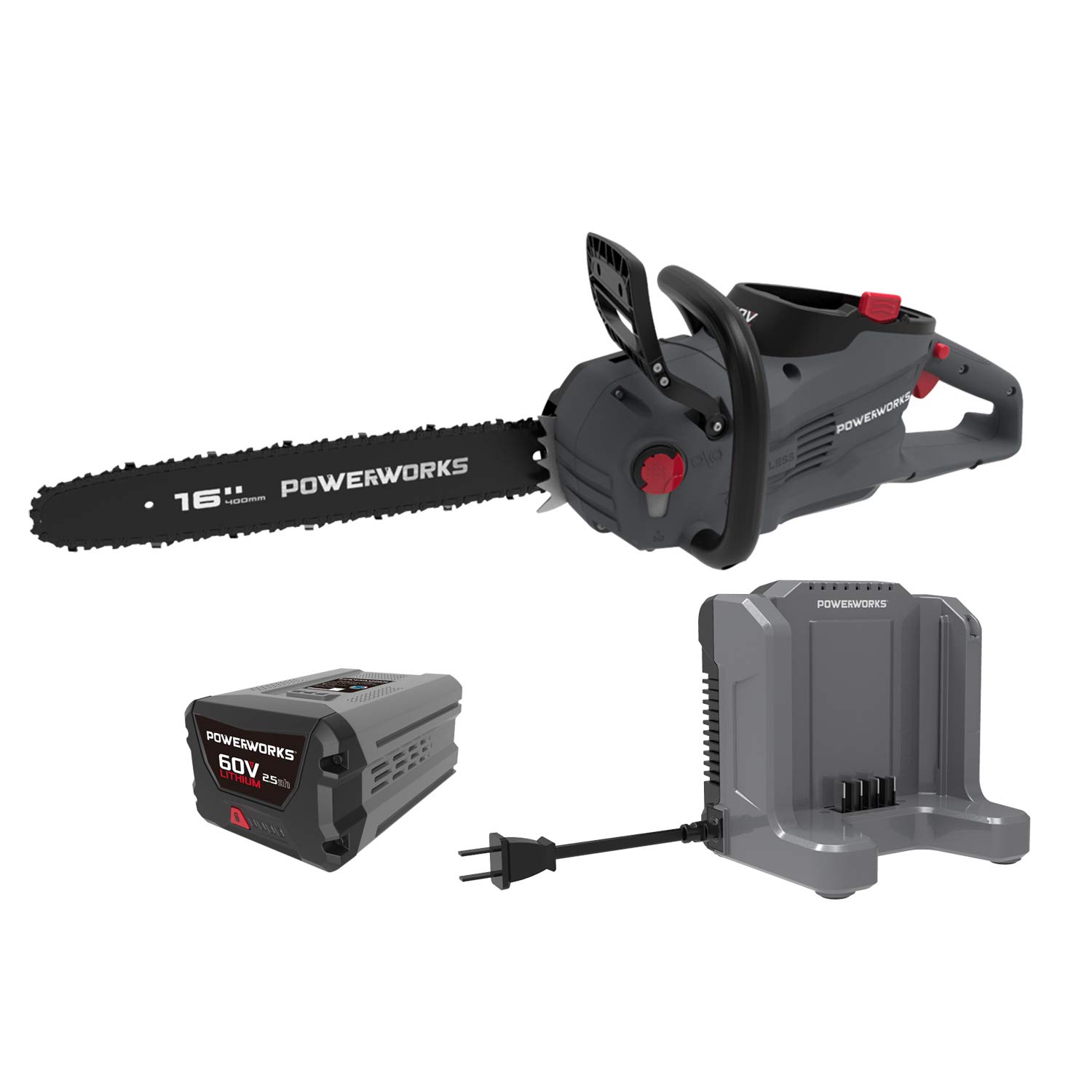 POWERWORKS 60V 16-Inch Brushless Cordless Chainsaw with 2.5Ah Battery & Fast Charger - Lightweight Electric Chainsaw for Tree Cutting, Wood Cutting, Firewood & Yard Maintenance