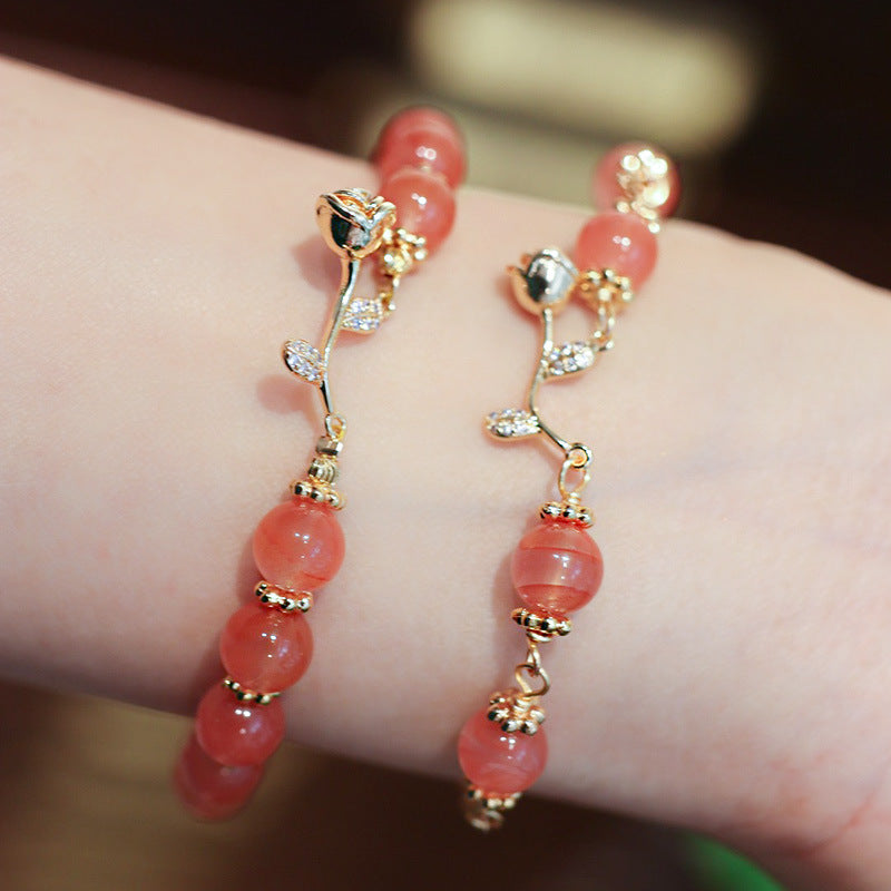 Pink Agate Rose Vine Beaded Bracelet for Women - Elegant Handmade Gemstone Jewelry for Daily Wear, Gifts & Special Occasions