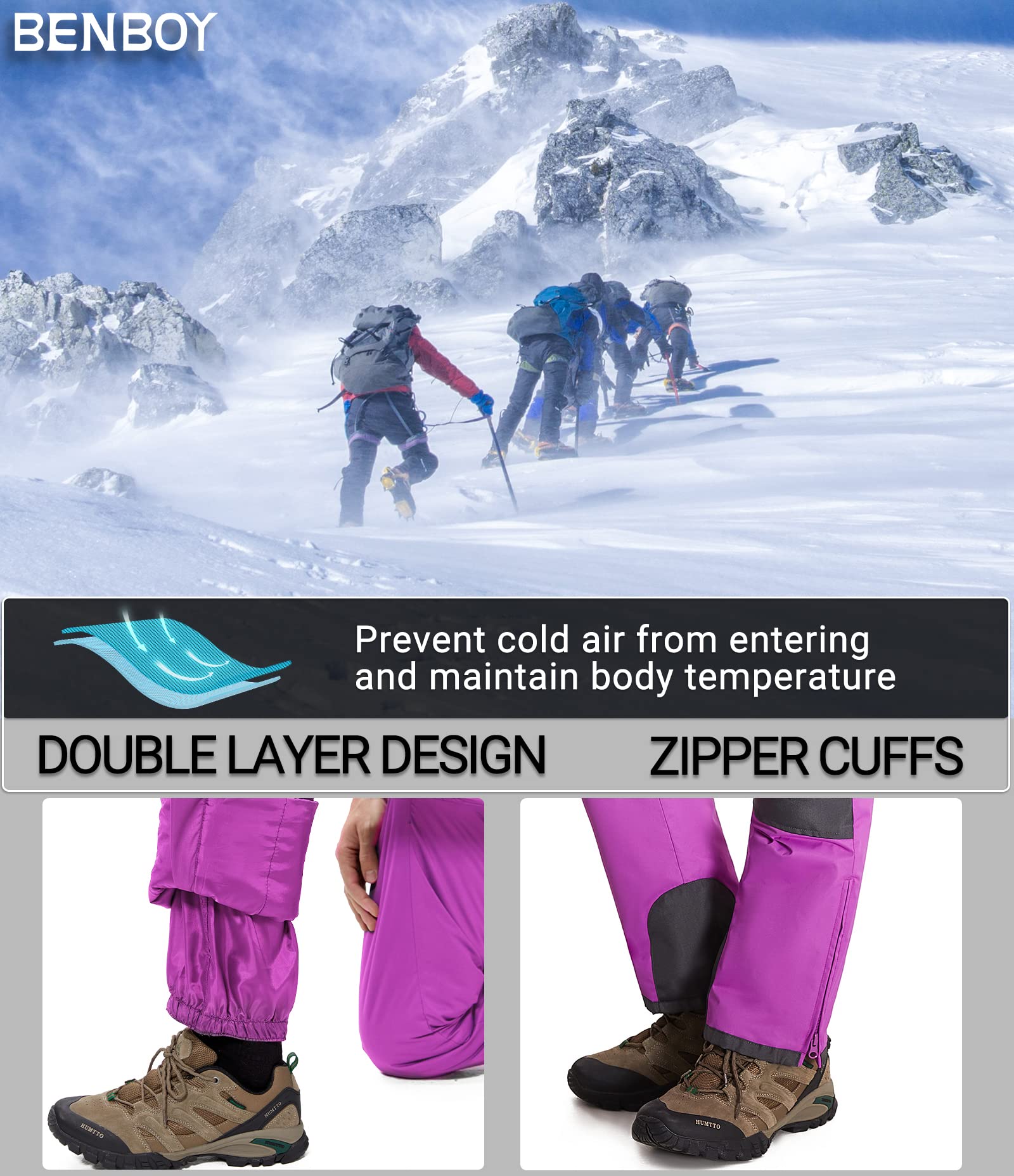 BenBoy Women's Waterproof Insulated Snow Bibs - Windproof Ripstop Ski Overalls & Snowboard Pants for Winter Sports (Hiking, Skiing, Snowboarding, Sledding)