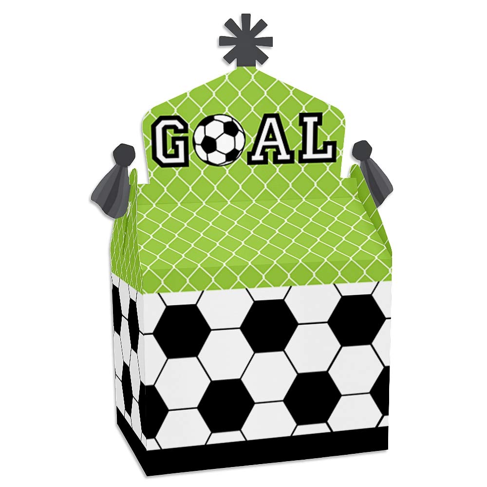 Big Dot of Happiness Goaaal - Soccer Themed Treat Box Party Favors - 12 Pack Goodie Gable Boxes for Baby Showers, Birthday Parties & Game Day Celebrations - Perfect for Soccer Team Snacks & Party Favors