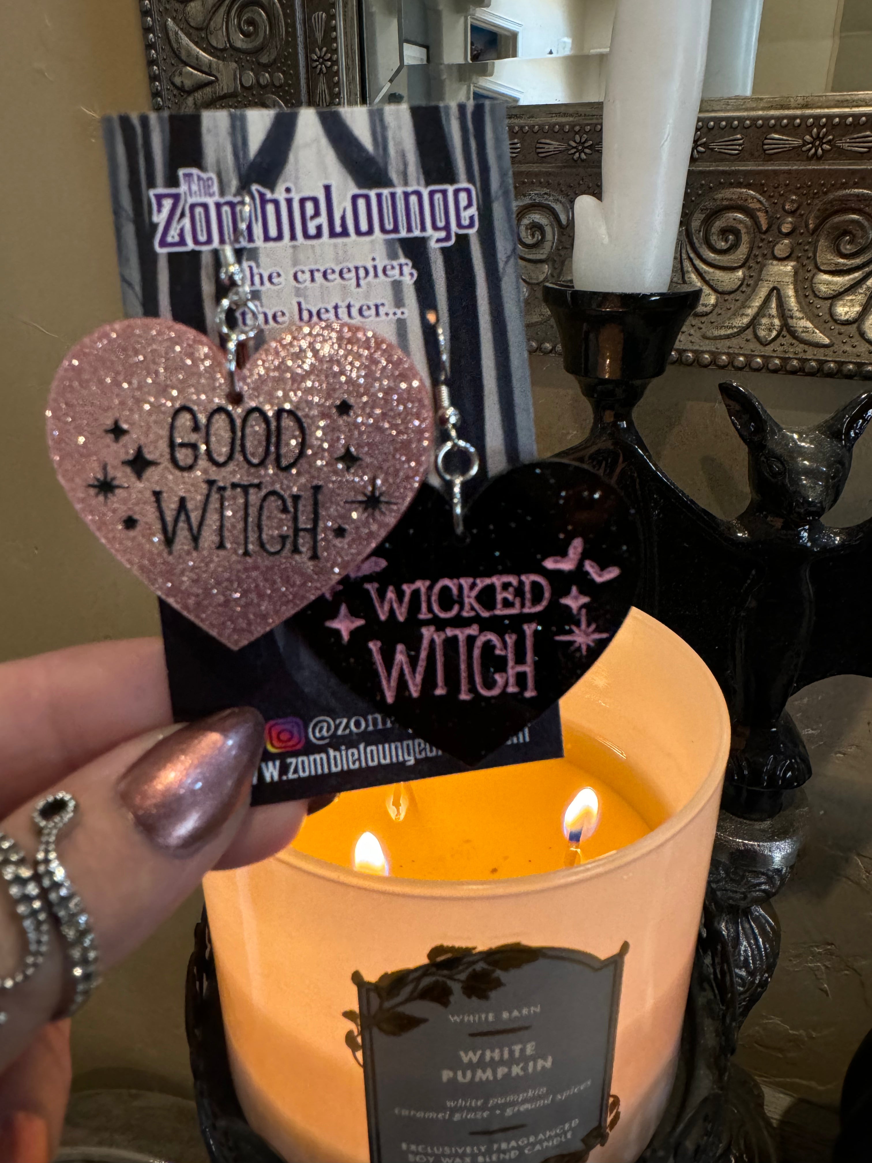 Witch Heart Earrings - Gothic Punk Jewelry for Women, Handmade Silver Plated Dangle Earrings | Perfect for Halloween, Cosplay, and Alternative Fashion