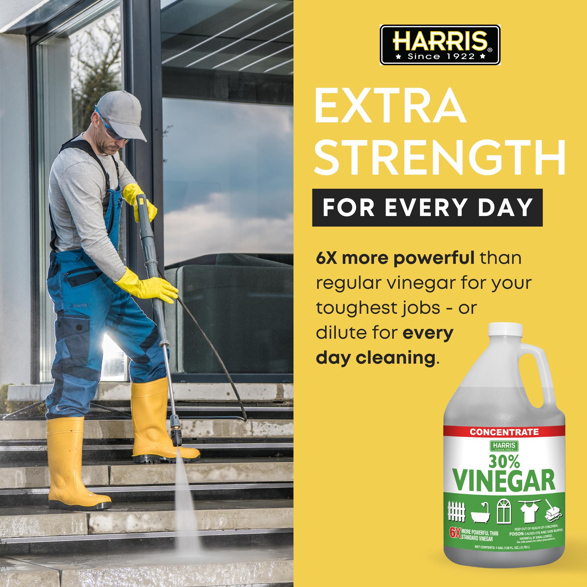 Harris 30% Vinegar Extra Strength - Industrial & Household Cleaning Solution with Included Funnel (1 Gallon, 4-Pack) - Perfect for Weed Control, Descaling, Stain Removal & Disinfecting Surfaces