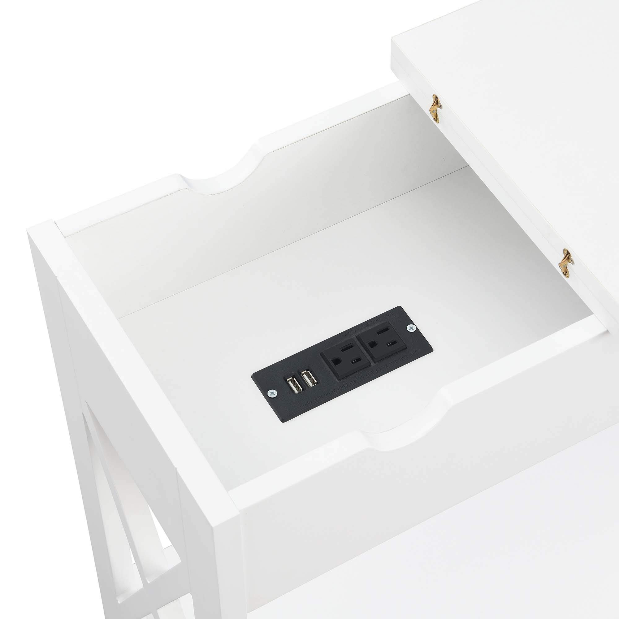 Oxford Flip Top End Table with USB Charging Station & Shelf - White | Modern Side Table for Living Room, Bedroom & Office | Convenience Concepts