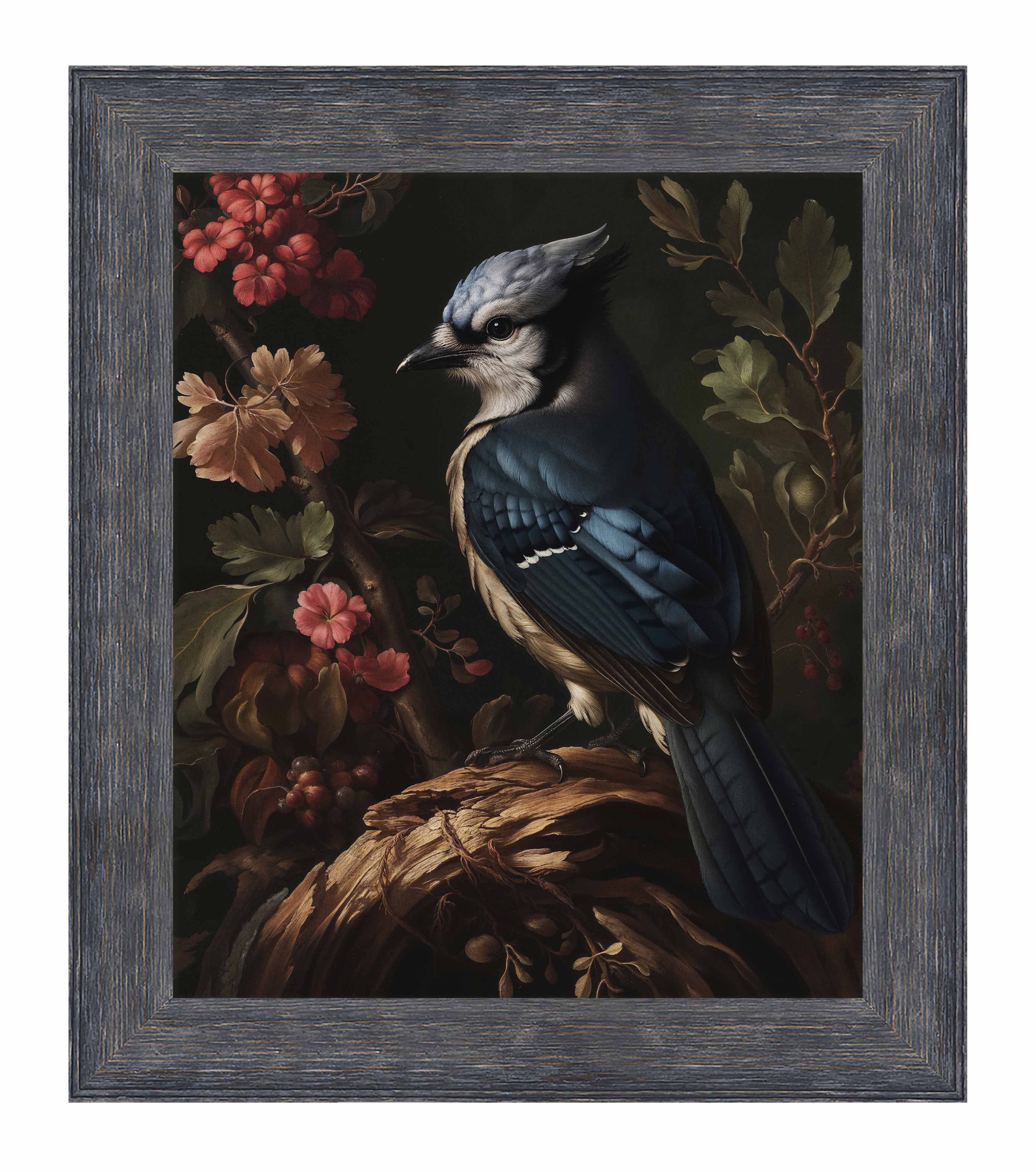 Blue Jay Among Flowers - Limited Edition Elegant Canvas Wall Art for Home & Office Decor | Nature-Inspired Painting for Living Room, Bedroom, or Gift