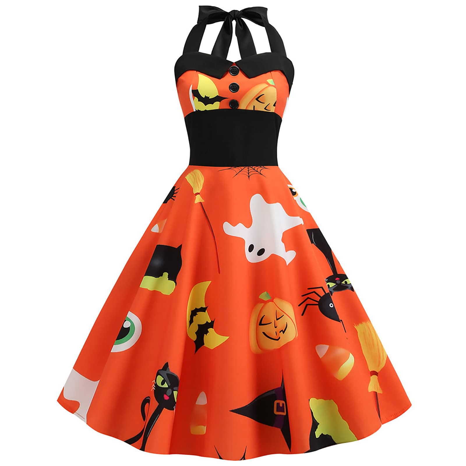 Sexy Halloween Halter Dress for Women - Black Cat Pumpkin Ghost Print Vintage Off Shoulder Cocktail Long Dress with Button Front | Perfect for Halloween Parties, Costume Events & Themed Nights
