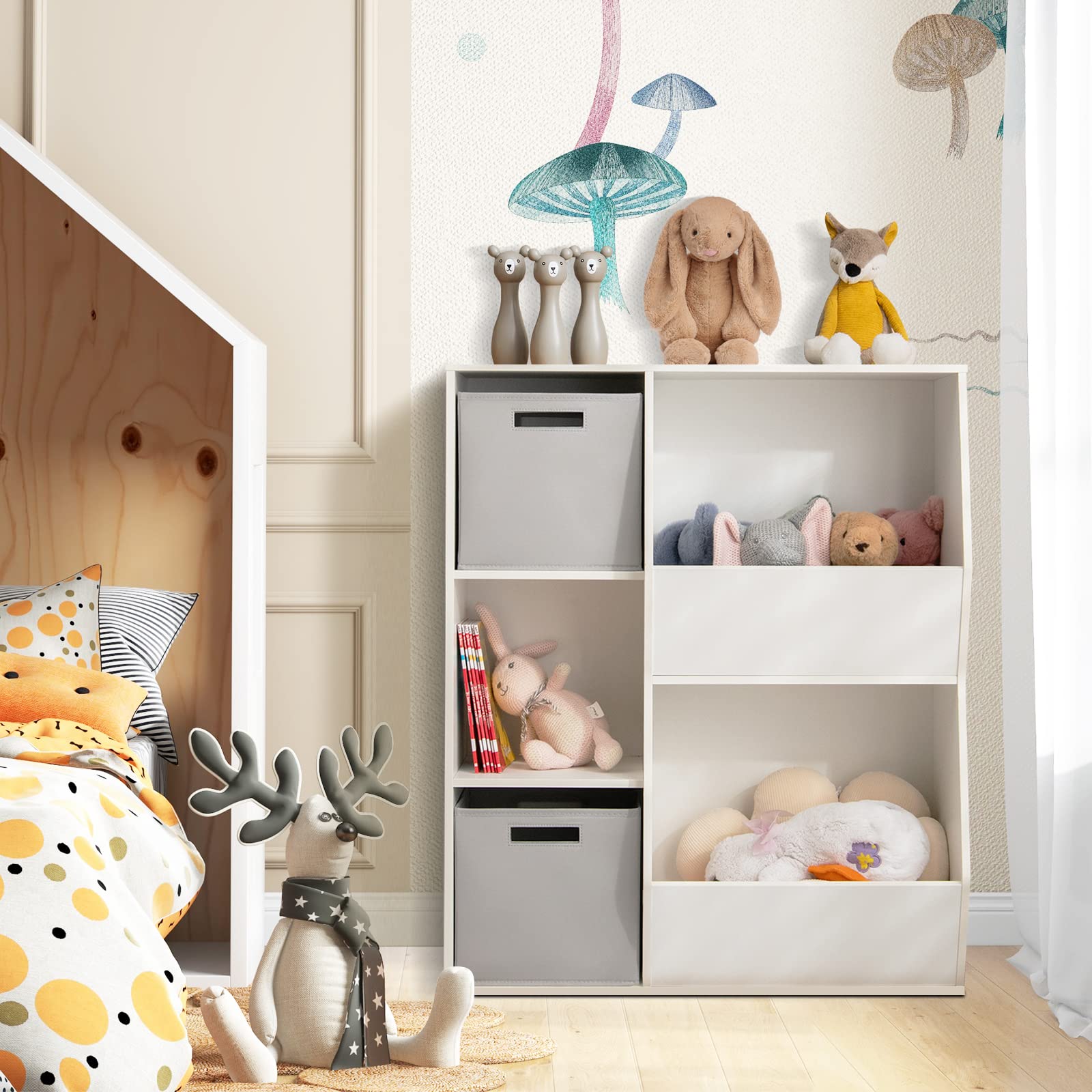 Costzon 5-Cubby Wooden Toy Storage Organizer with Bookcase & Bins - Kids Bookshelf & Toy Cabinet for Toddlers - Playroom, Nursery, Daycare & Living Room Storage Solution (White & Gray) - Perfect for Organizing Toys, Books & Kids' Essentials