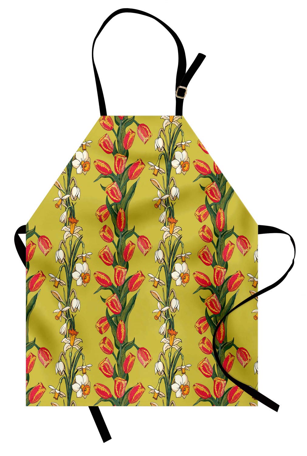 Ambesonne Floral Apron - Unisex Kitchen Bib with Adjustable Neck, Tulip & Daffodil Leafy Botanical Design in Khaki, Dark Coral, Olive Green & Orange - Perfect for Cooking, Baking, Gardening & BBQ - Adult Size