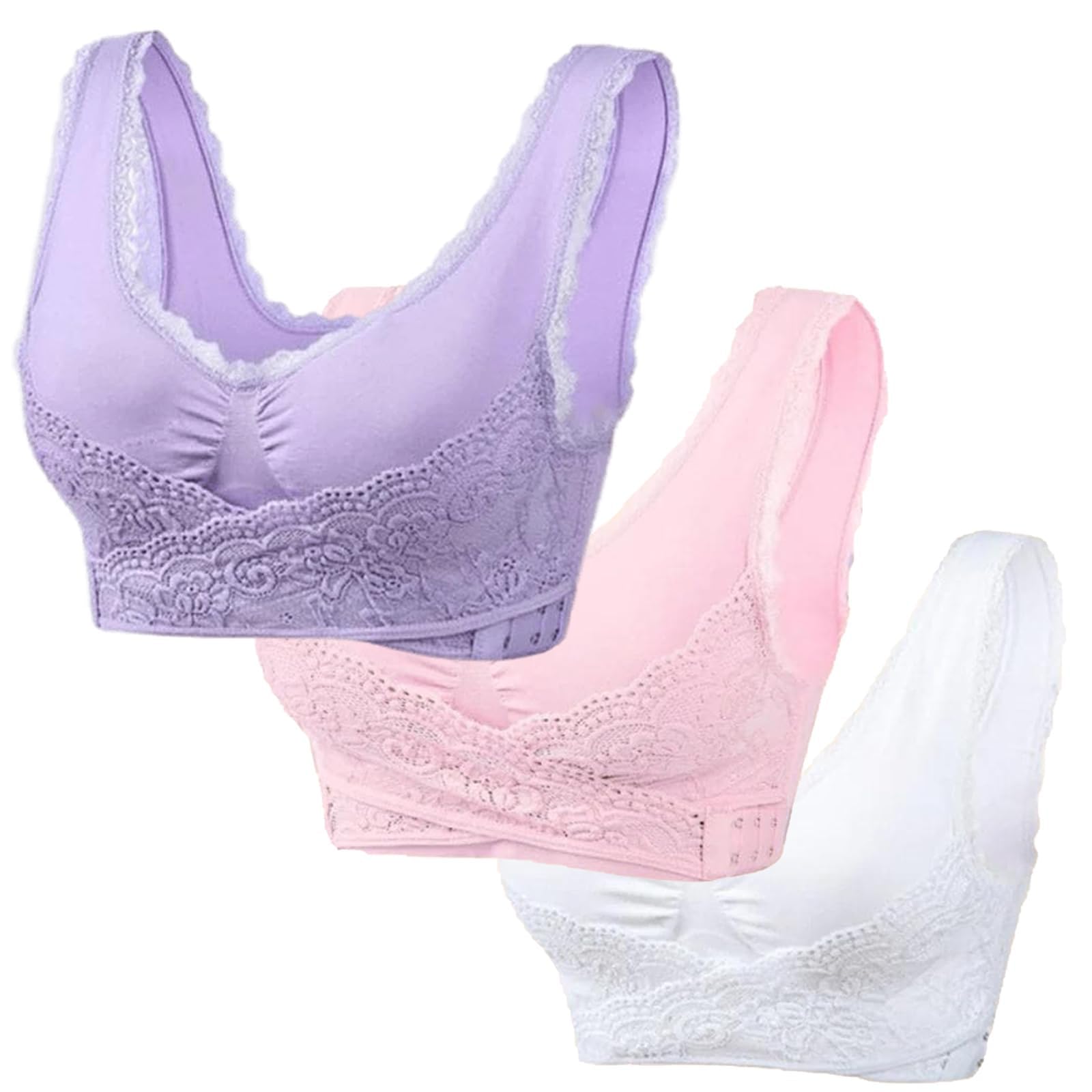 3PC Kendally Bras for Older Women - Front Cross Side Buckle Lace Wireless Bras, Comfortable Soft Yoga Push Up Sports Bra & T-Shirt Bra - Perfect for Daily Wear, Yoga, Gym & Lounge