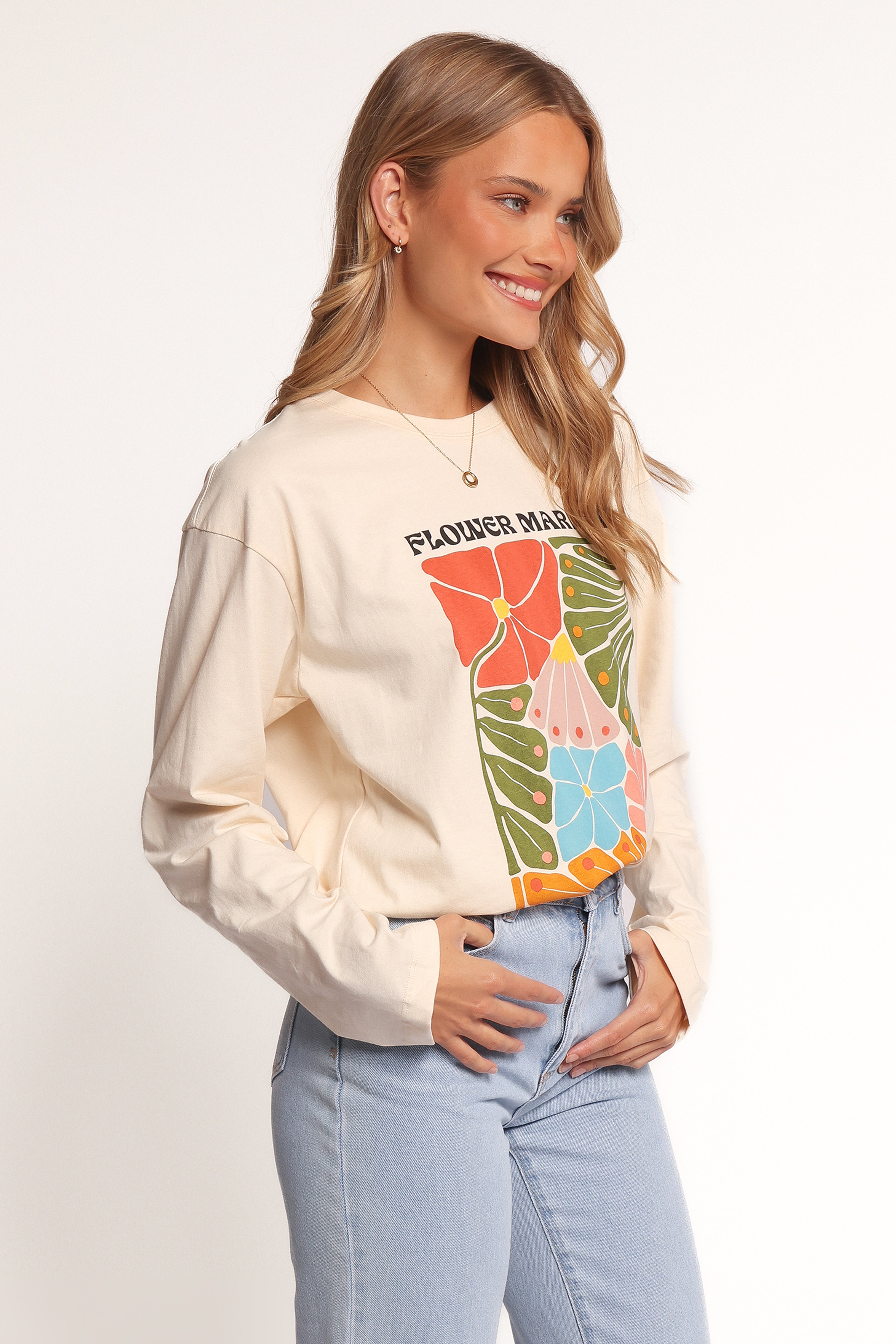 Flower Market Long Sleeve T-Shirt for Women - Soft Cream Casual Top for Spring & Fall | Perfect for Daily Wear, Outings & Layering