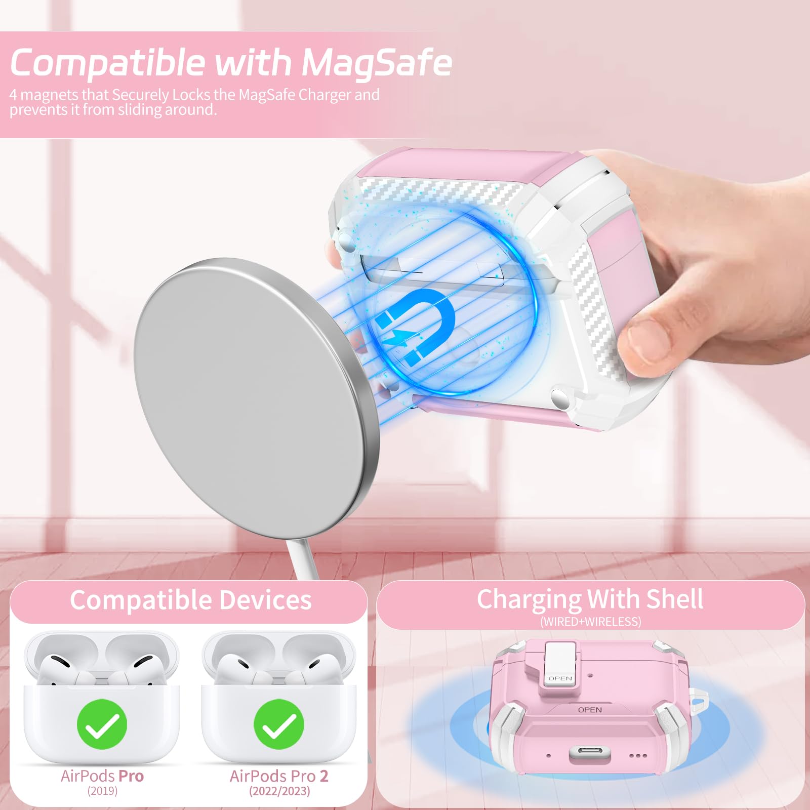 MagSafe AirPods Pro 2 Case with Stand & Cleaner - Pink | Auto-Open for 1st/2nd Gen | Travel & Daily Use