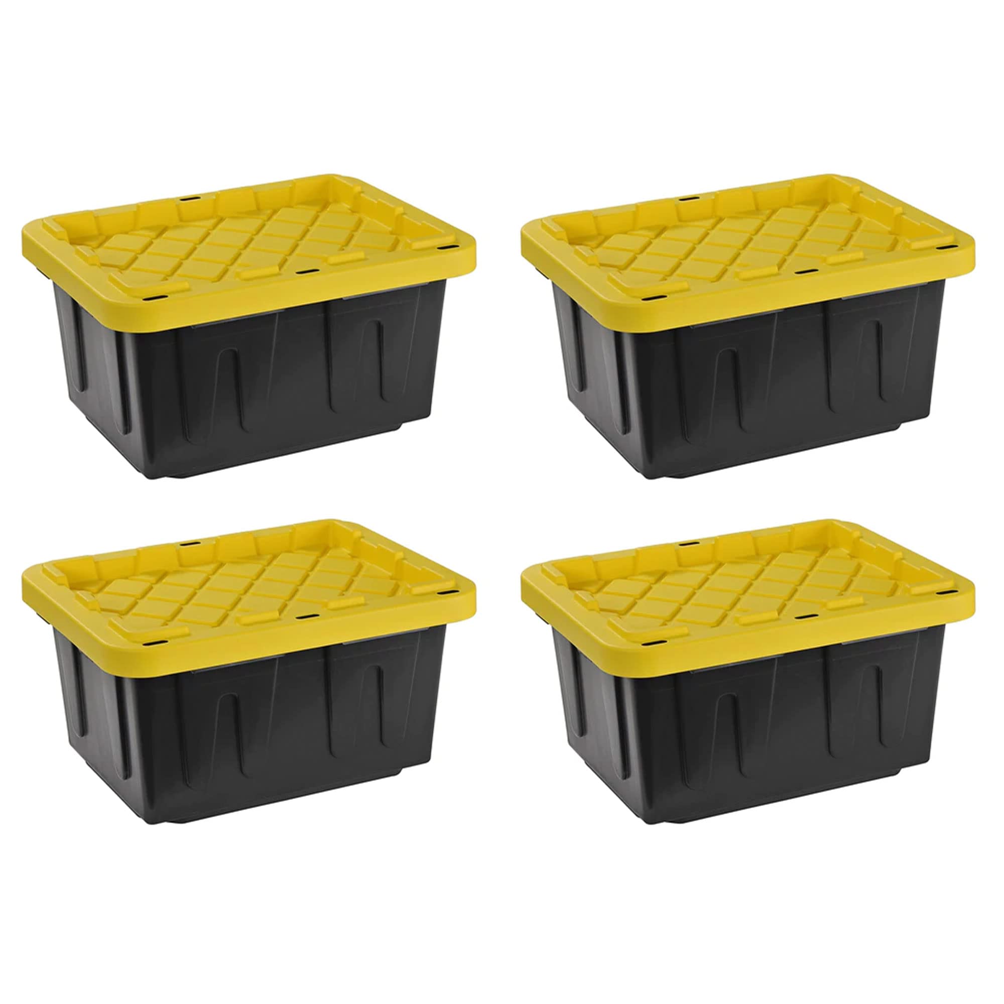 Juggernaut Storage 4-Pack 5 Gallon Plastic Tote Bins with Lids - Heavy Duty Stackable Organizer Containers for Home, Garage, Office & Warehouse Organization (Black/Yellow)