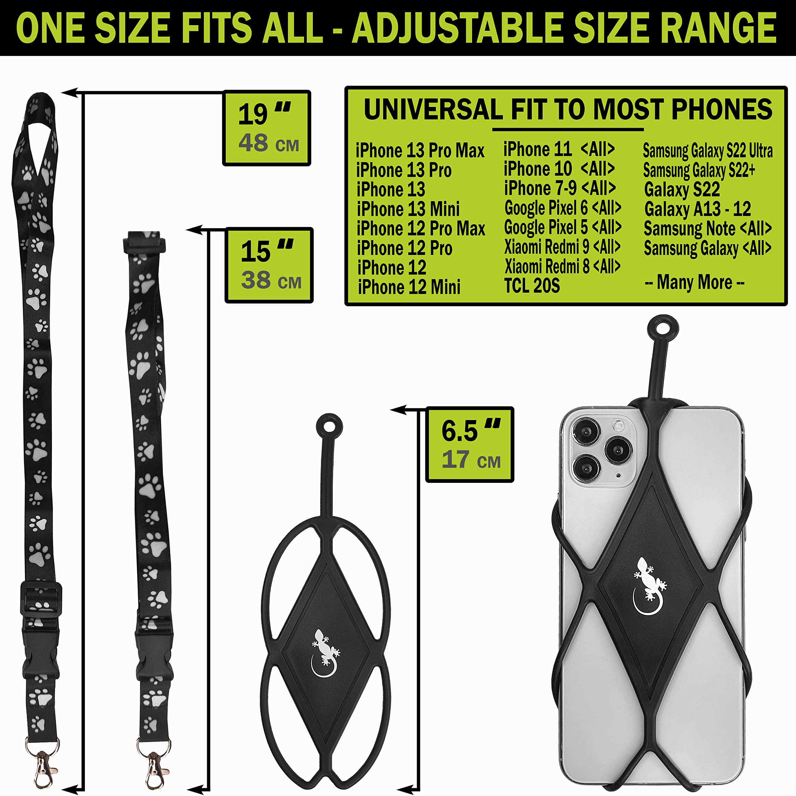 Universal Lanyard Phone Holder for Walking - Gecko Travel Tech Cell Phone Case Compatible with Most Smartphones (Dog PAW Neck - Black Diamond) - Perfect for Hiking, Running, Travel & Hands-Free Convenience