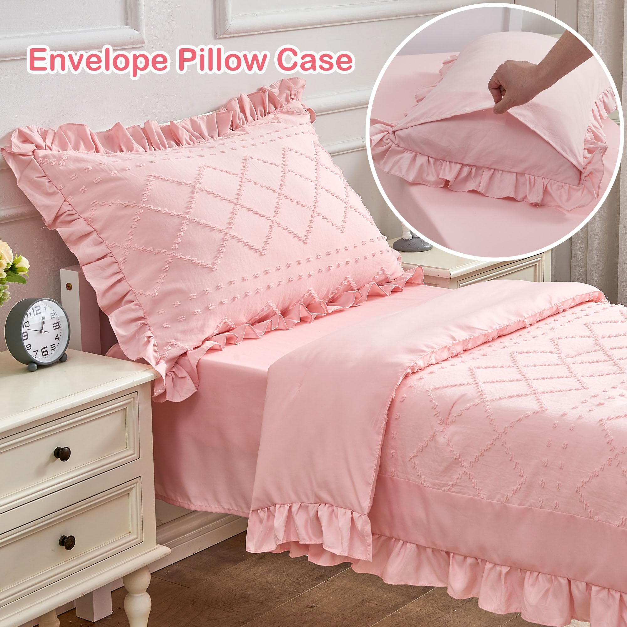 4-Piece Boho Pink Toddler Bedding Set for Girls - Jacquard Tufted Comforter, Ruffle Fringe, Flat Sheet, Fitted Sheet & Pillowcase | Soft & Cozy Bed-in-a-Bag for Kids Room, Nursery or Sleepovers