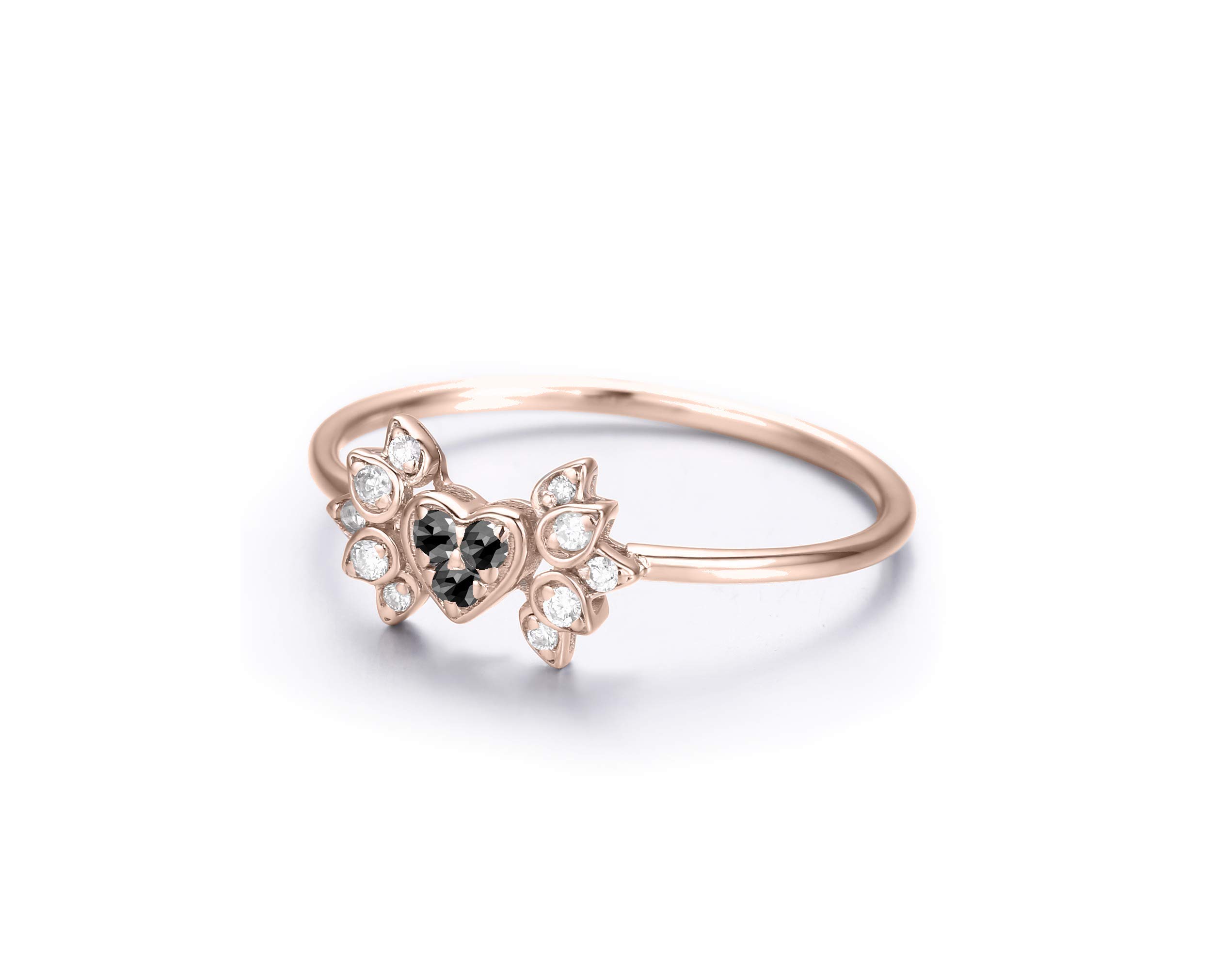 14K Rose Gold Black Diamond Heart Engagement Ring - Angel Wing Design Wedding Band, Handmade Birthstone Promise Ring for Women | Proposal, Anniversary, Valentine's Day Gift | Perfect for Romantic Moments, Weddings, Anniversaries & Special Occasions | Elegant Jewelry for Date Nights, Proposals & Bridal Accessories