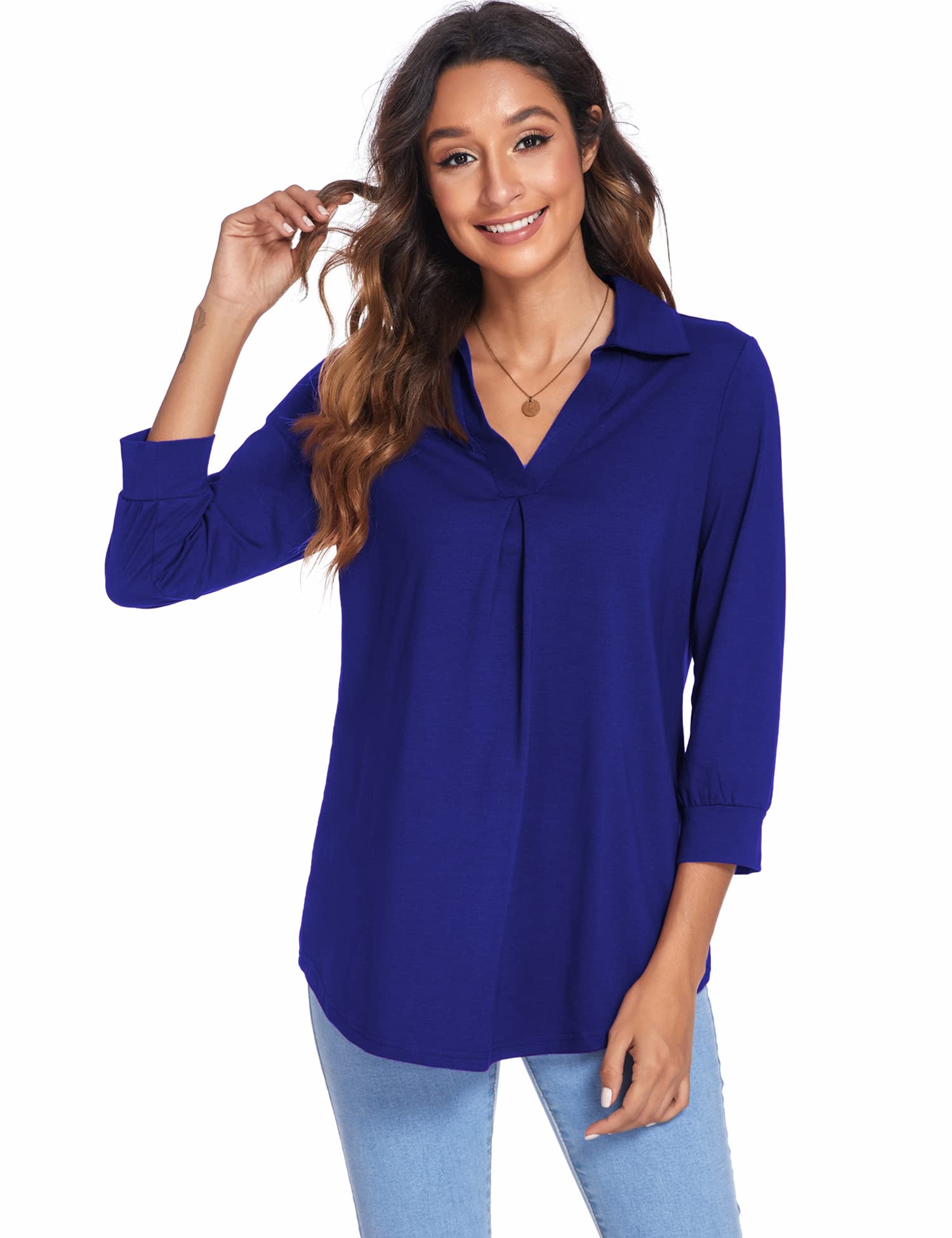 Newchoice Women's Collared V-Neck 3/4 Sleeve Blouse - Business Casual Tops for Office Work, Loose Fit Comfort Shirts Sizes S-3XL - Perfect for Workwear, Business Meetings & Professional Outfits