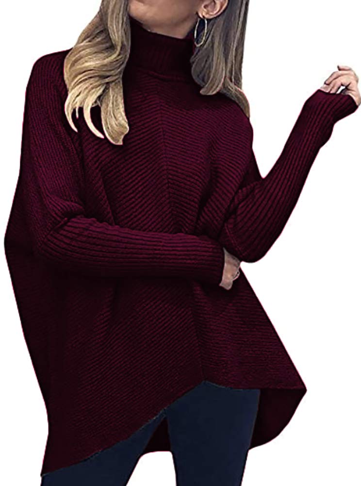Poetsky Women's Oversized Long Sleeve Turtleneck Sweater - Loose Knit Asymmetrical Hem Pullover Tunic Top for Fall Winter Fashion | Casual Outfit, Office Wear & Layering Essential