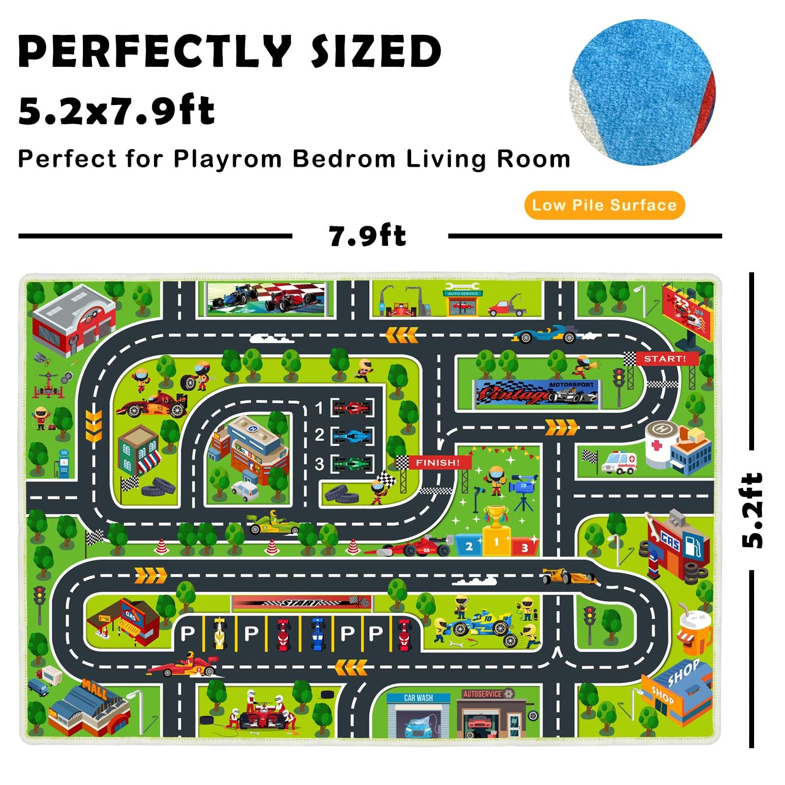 Kids Car Play Rug - Non-Slip Racing Game Carpet for Toy Cars | Perfect for Playroom, Classroom & Bedroom | Interactive Floor Mat for Pretend Play & Learning Activities