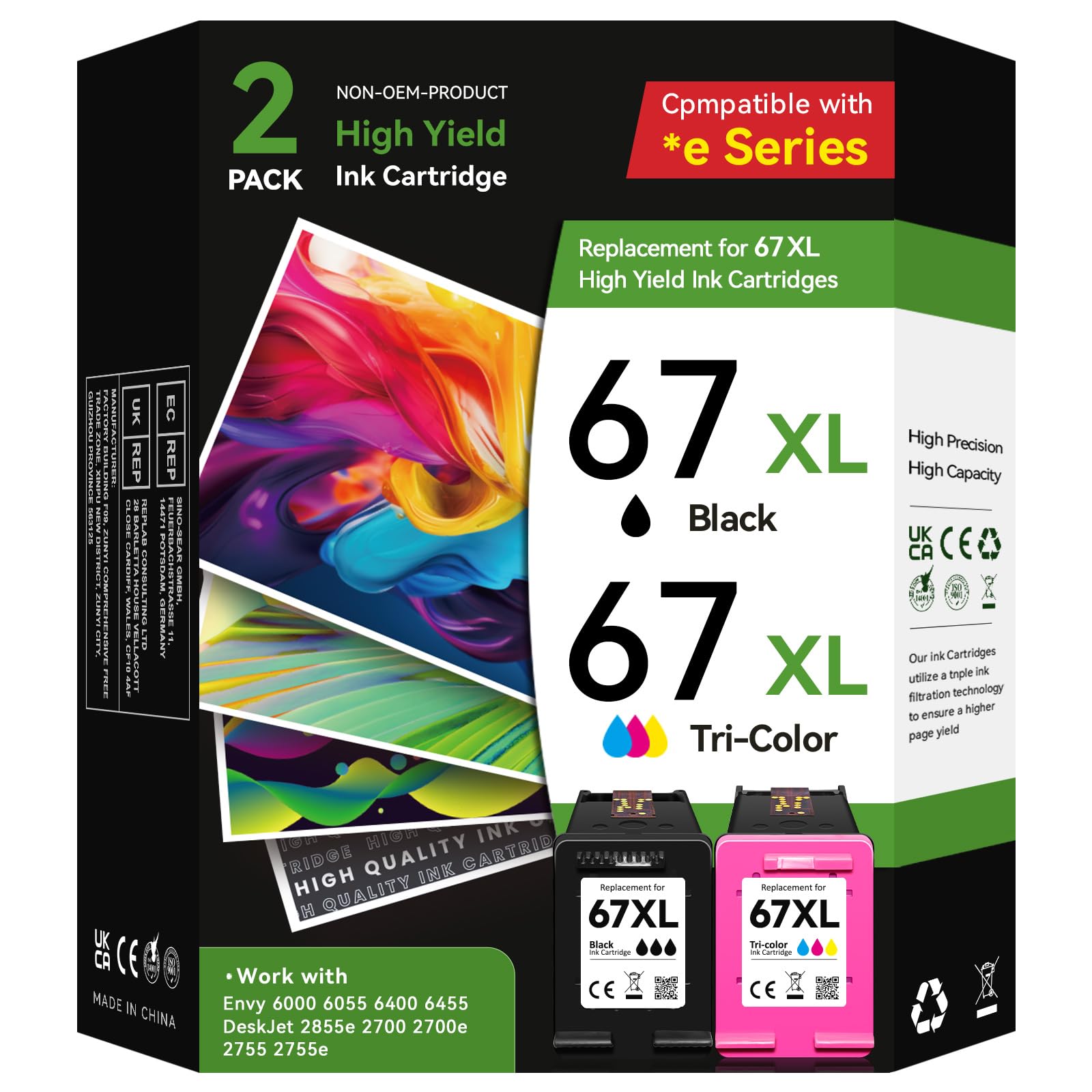 HP 67XL Ink Cartridge Black & Color Combo Pack - Replacement for HP 67/67XL Ink - Compatible with Envy 6000 6055 6400 6455 & DeskJet 2855e 2700 2700e 2755 2755e 2752 4152 4155e Printers - Perfect for Home Office Printing & School Projects