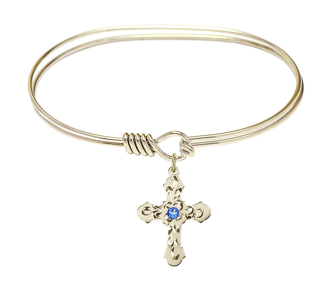 7 Inch Oval Eye Hook Bangle Bracelet with Cross Medal Charm & September Blue Crystal - Elegant Jewelry for Women, Perfect for Gifts, Parties, and Everyday Wear