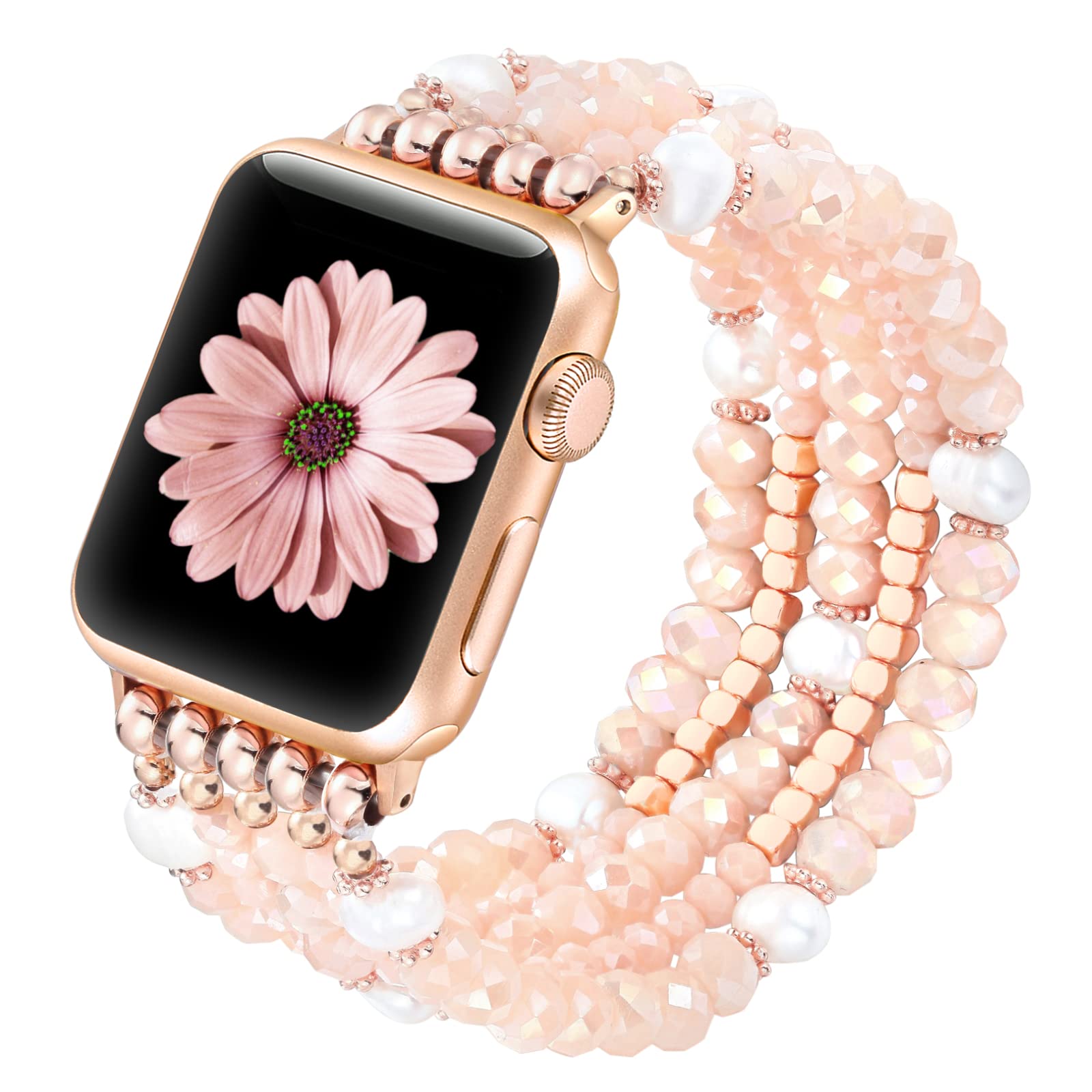 Pearl Beaded Stretch Bracelet Band for Apple Watch 38mm 40mm 41mm 42mm 44mm 45mm 49mm - Compatible with iWatch SE & Series Ultra 8/7/6/5/4/3/2/1 - Elegant Pink Rose Gold Strap for Women | Perfect for Workouts, Office Wear & Casual Fashion Accessories