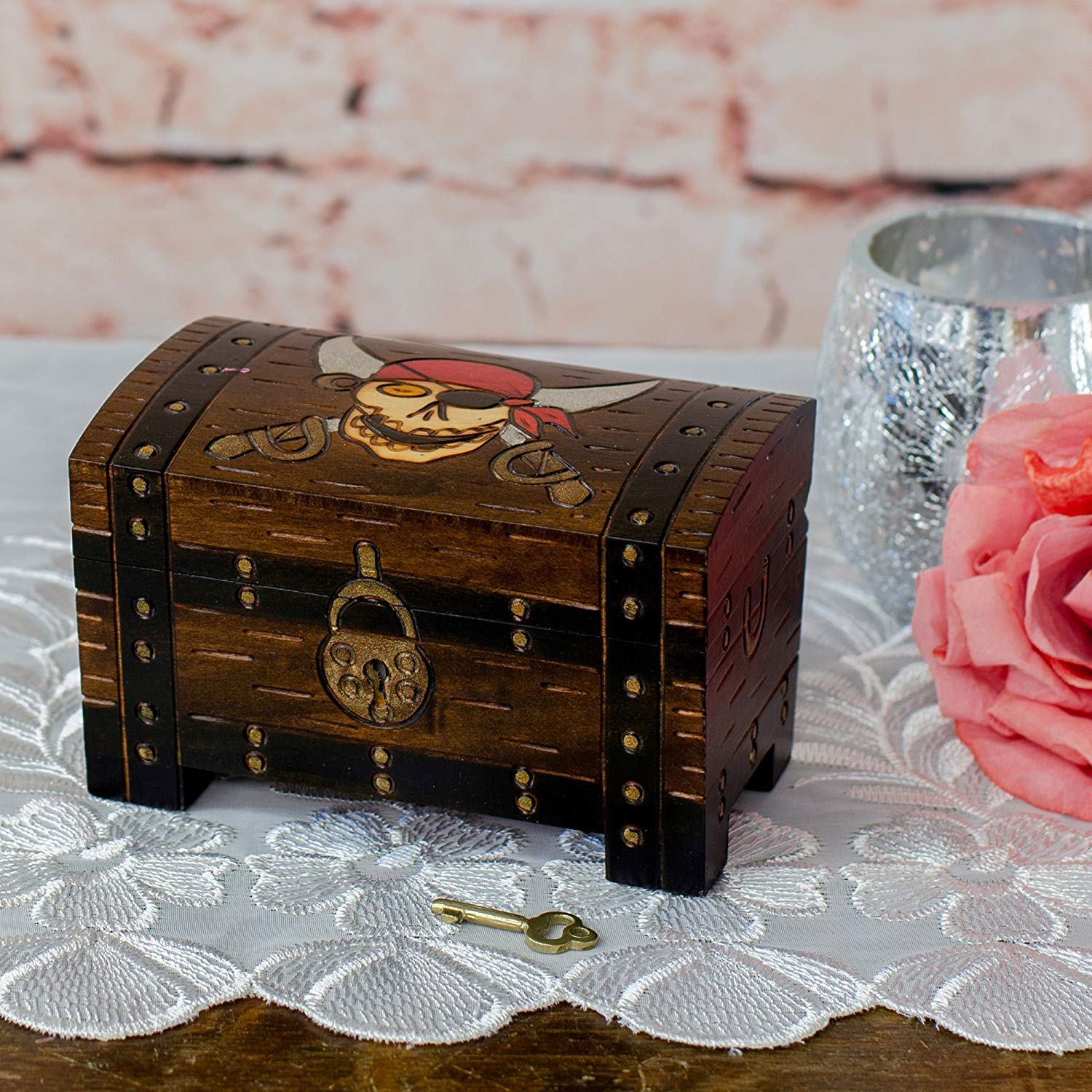 Handmade Pirate Chest Wooden Jewelry Box - Antique Treasure Keepsake Box for Necklaces, Rings & Collectibles - Perfect for Pirate Themed Decor, Gifts & Costume Accessories